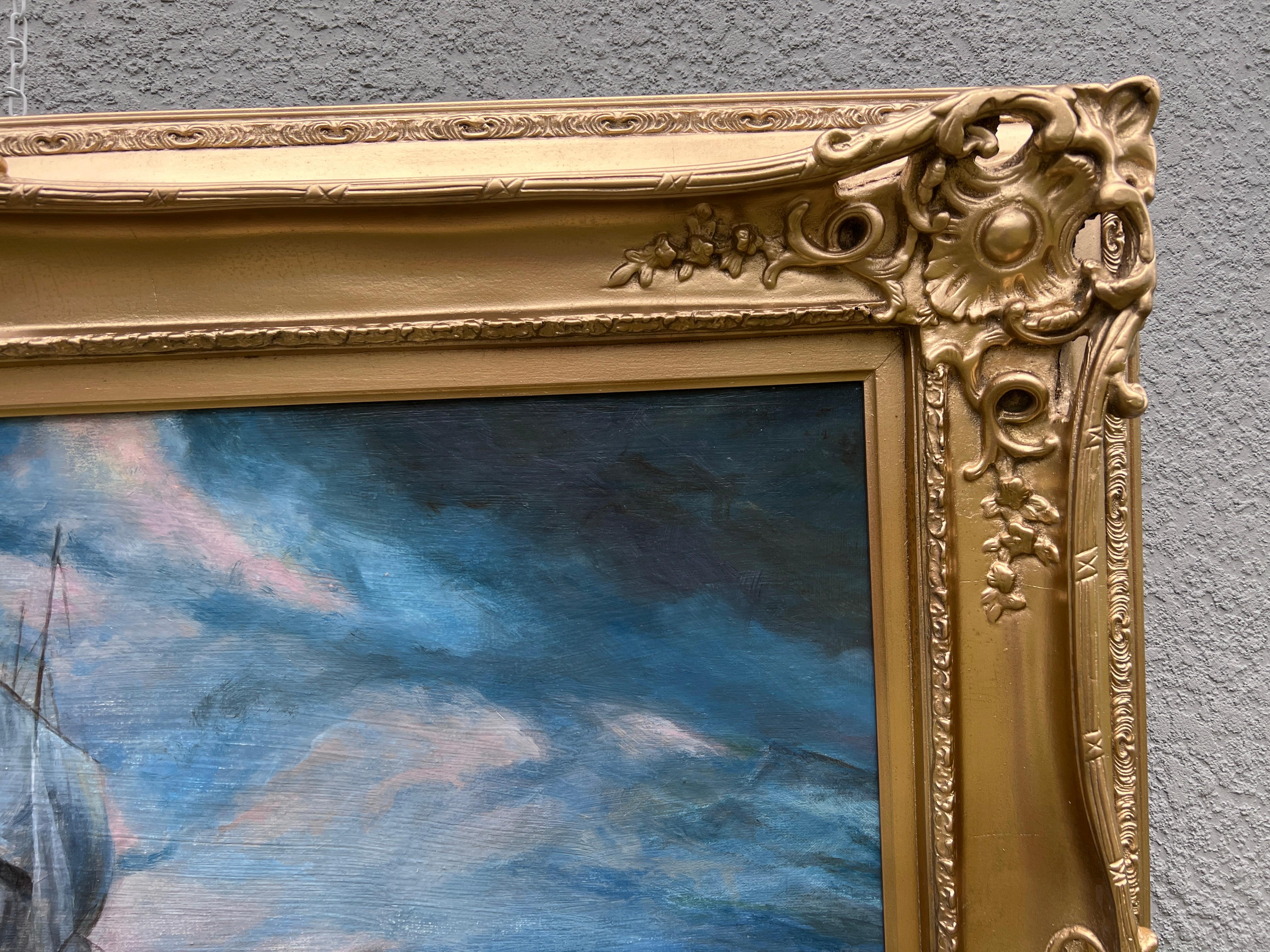 Russischer Künstler signiert große Ölgemälde Leinwand Seelandschaft w / Ornate Gold Frame im Angebot 1