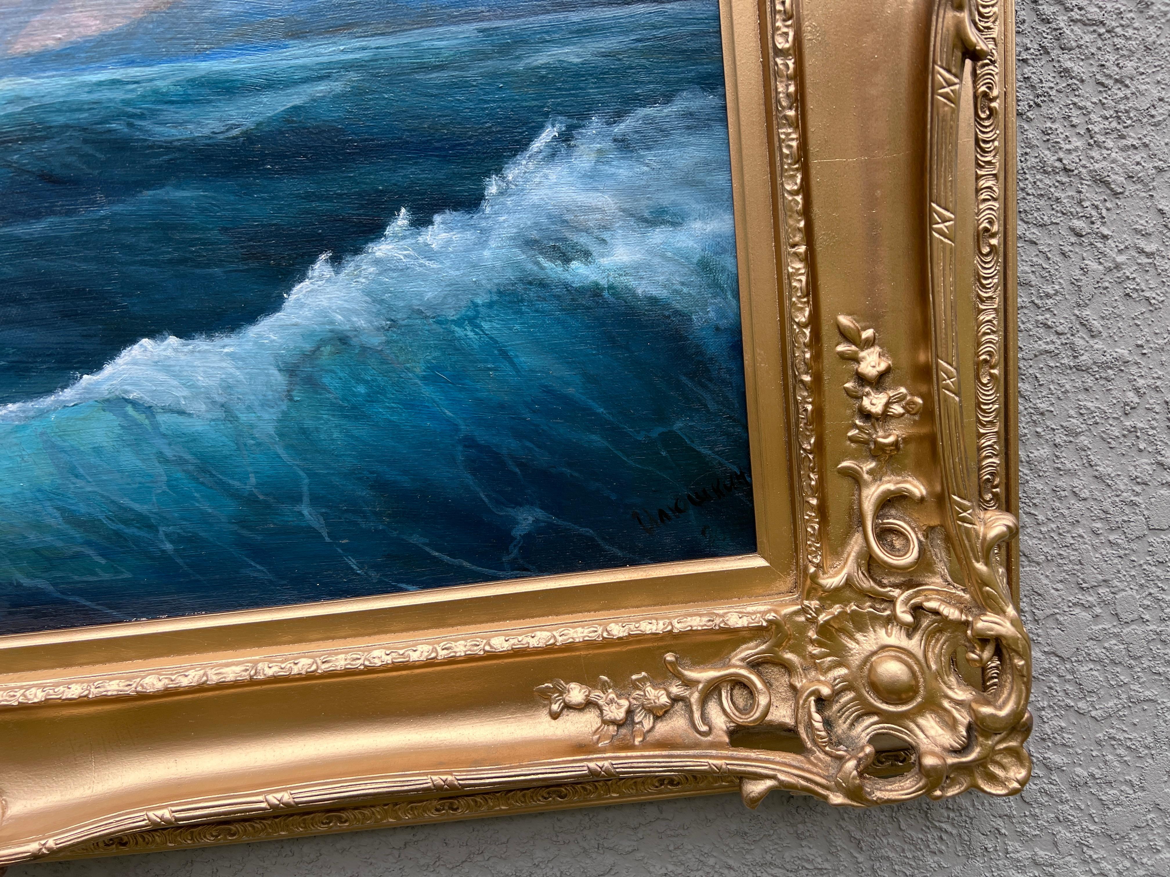 Russischer Künstler signiert große Ölgemälde Leinwand Seelandschaft w / Ornate Gold Frame im Angebot 2