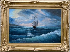 Russian Artist Signed Large Oil Painting Canvas Seascape w/ Ornate Gold Frame