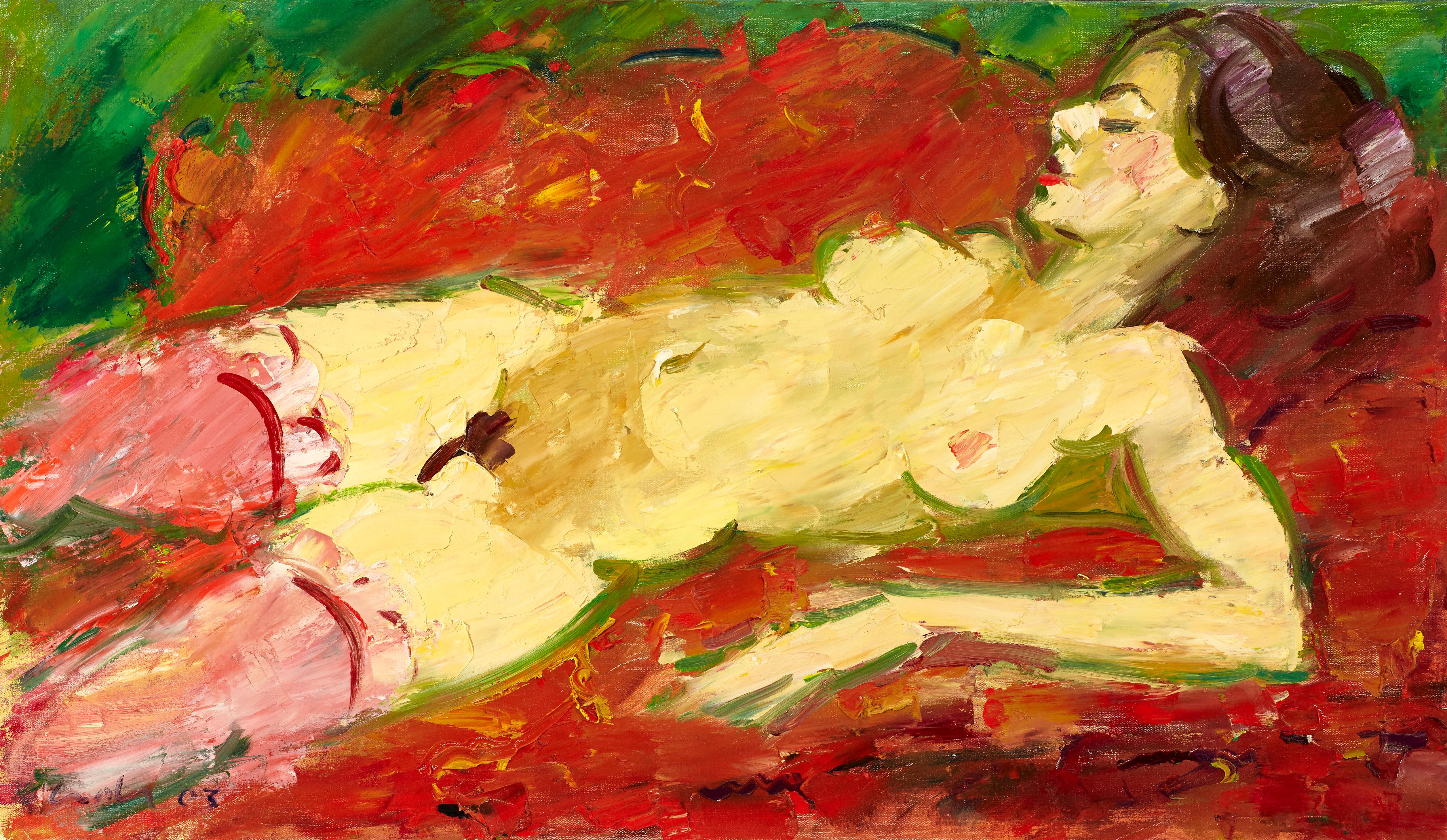 Viktor Lederer Figurative Painting - Liegender Akt auf rotem Bett (Laying nude on a red bed) - Painting, Oil, Canvas