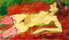 Liegender Akt auf rotem Bett (Laying nude on a red bed) - Painting, Oil, Canvas