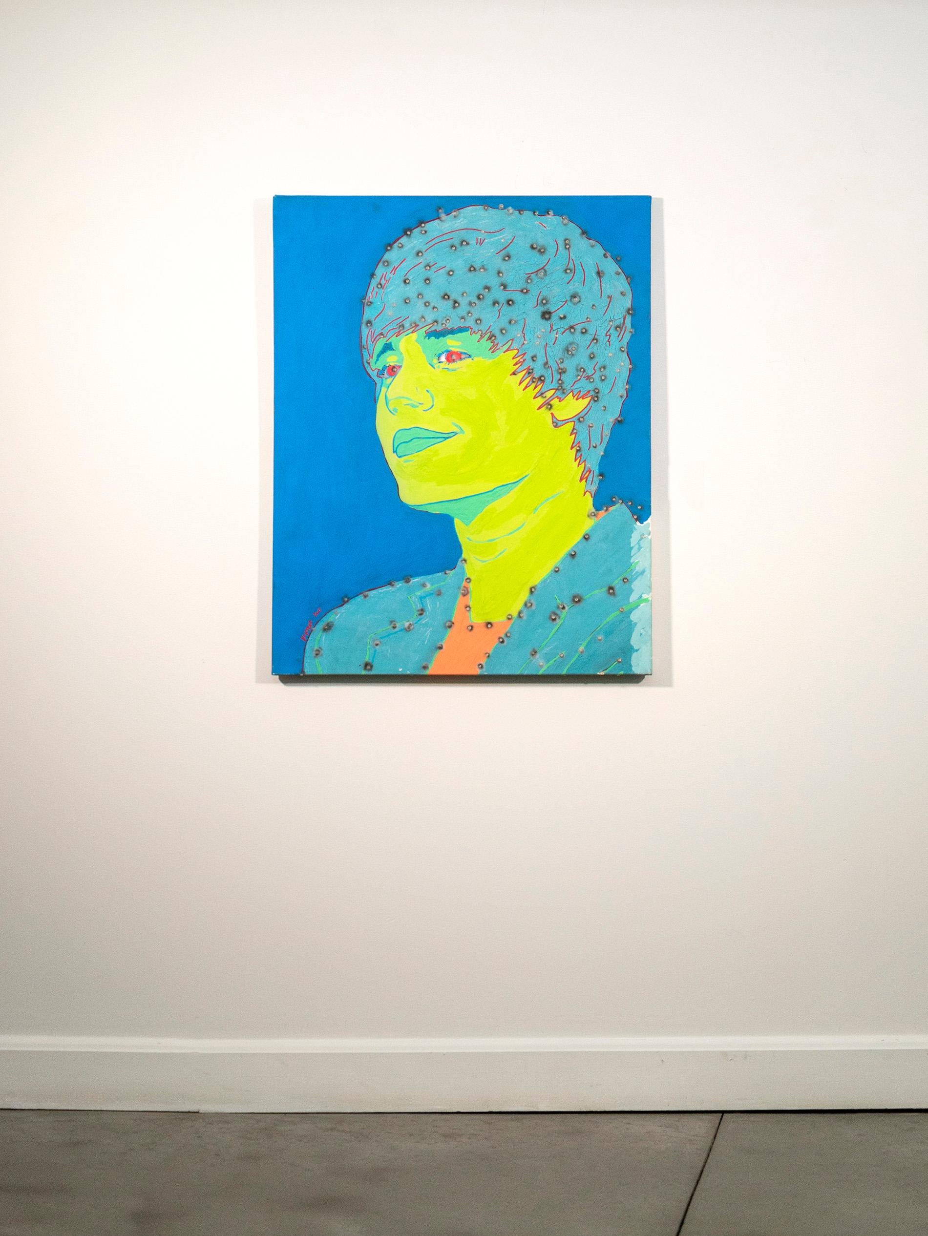 Bullet Hole Justin Bieber - grafica, pop-art, acrilico, vernice spray, su tela - Painting di Viktor Mitic