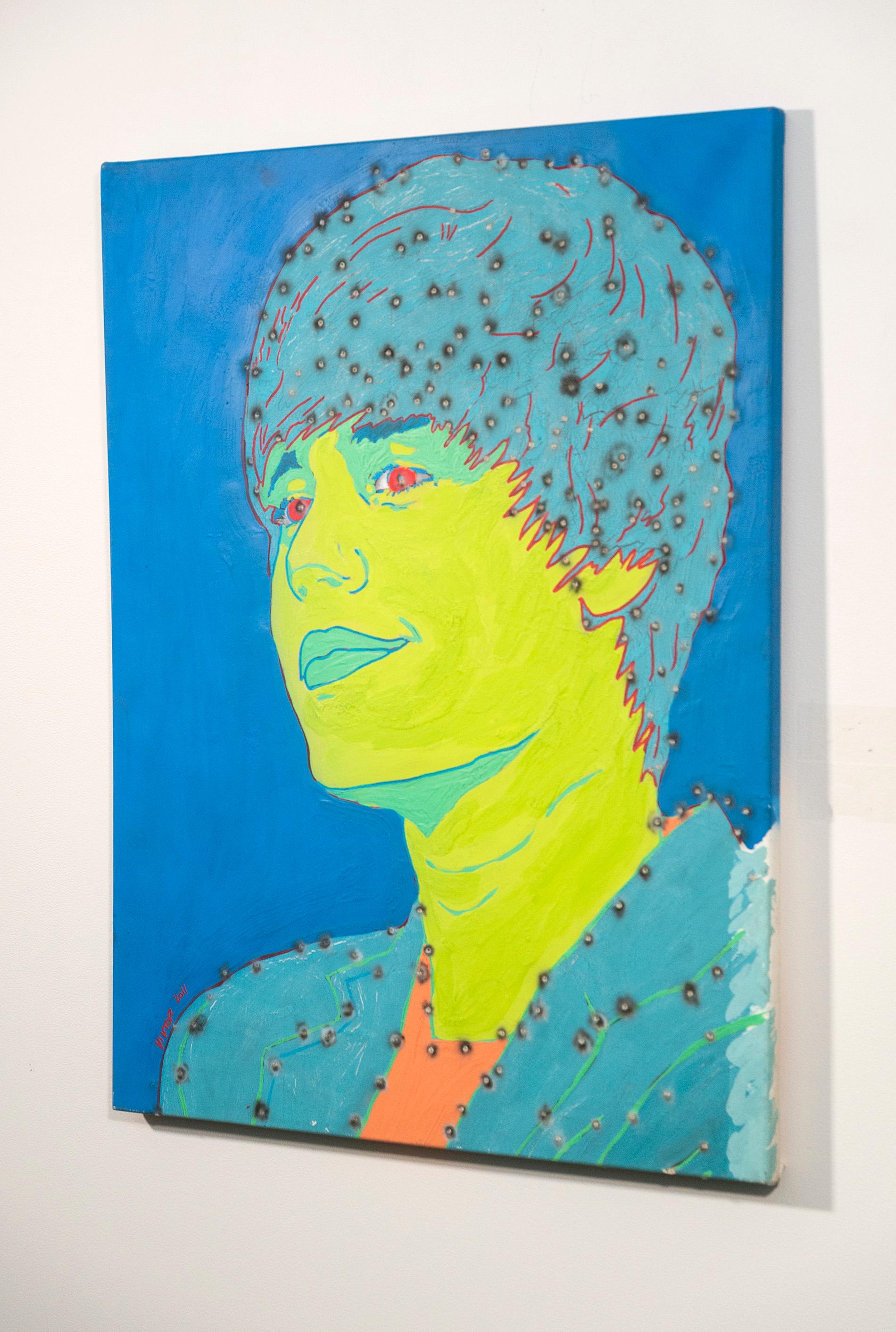 Bullet Hole Justin Bieber - graphic, pop-art, acrylic, spray paint, on canvas - Contemporary Painting by Viktor Mitic