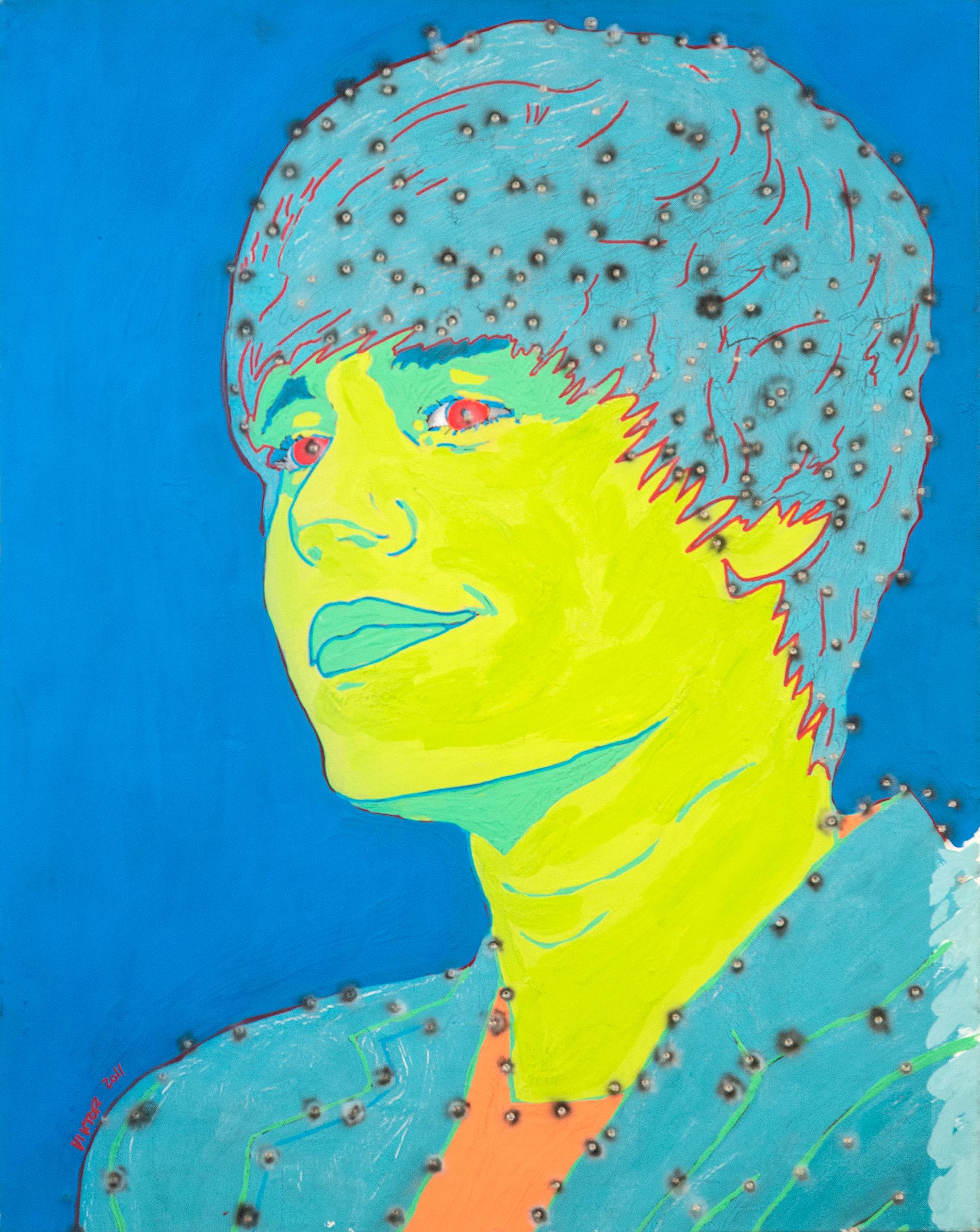 Viktor Mitic Portrait Painting - Bullet Hole Justin Bieber - graphic, pop-art, acrylic, spray paint, on canvas