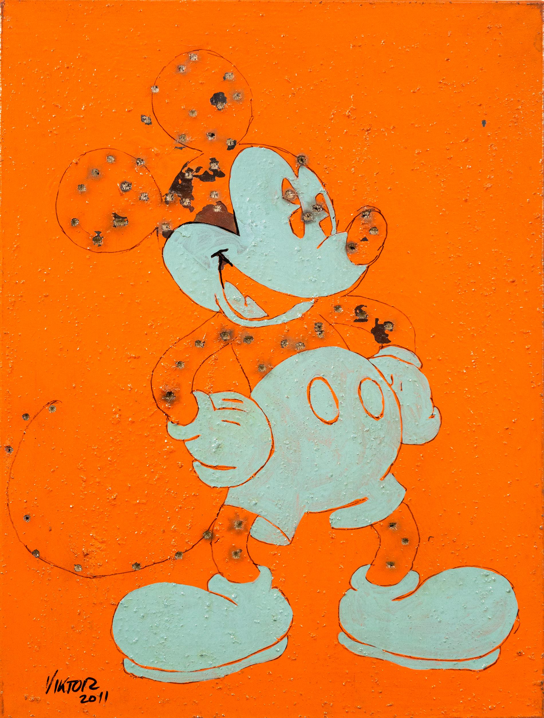 Bullet Hole Mickey - figurativo, pintura, pop-art, acrílico sobre lienzo - Painting de Viktor Mitic