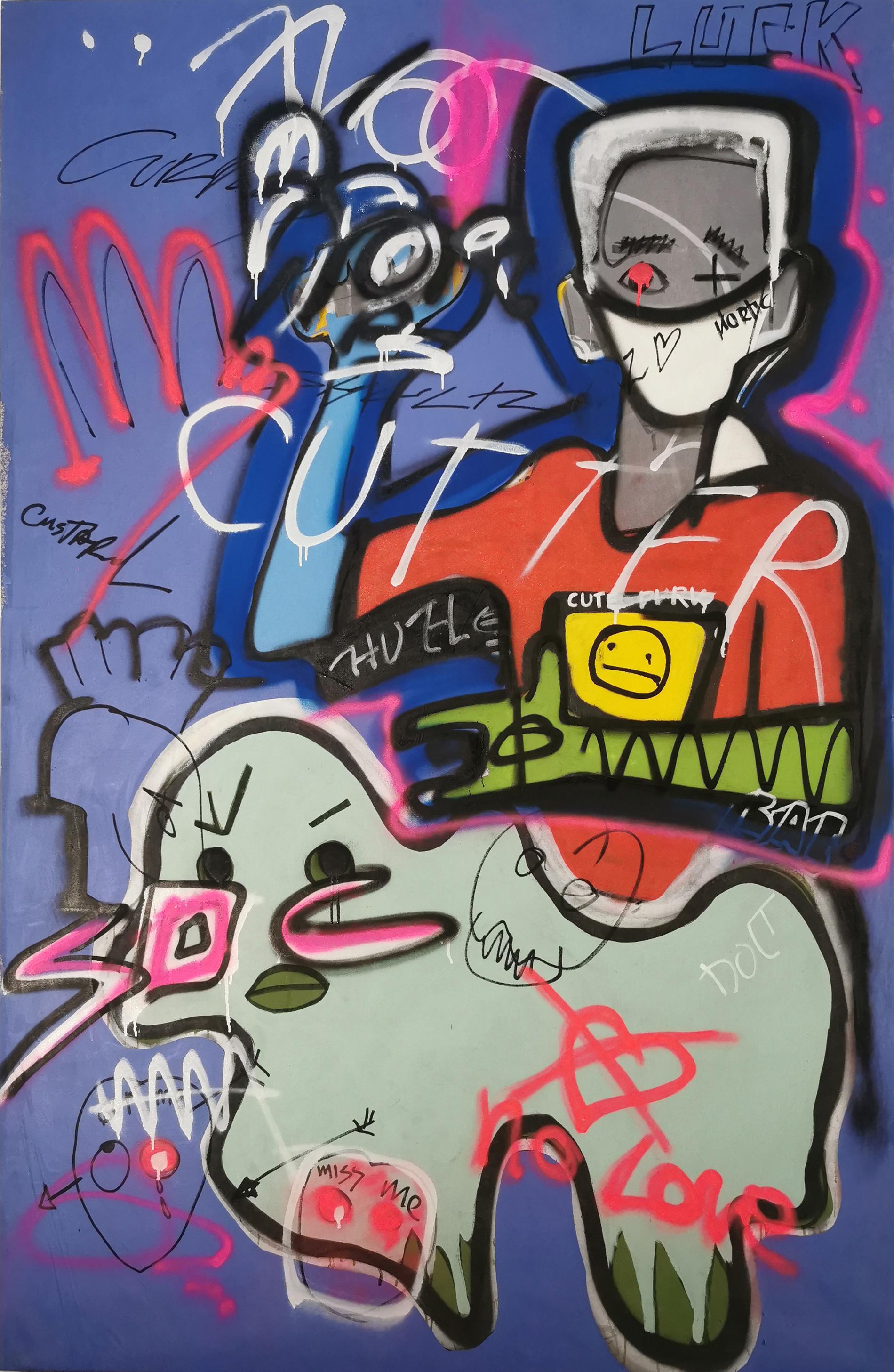 Viktor Mitic Abstract Painting - Cutter - graphic, pop-art, cultural, graffiti style, spray paint on canvas board