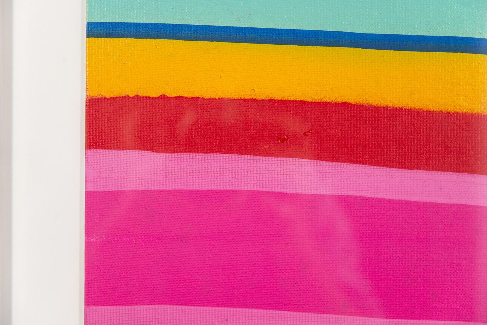 Like the stripes on a beach umbrella, fun, fresh rainbow colours are layered in contrasting ‘waves’ in this delightful pop art painting by Serbian-born artist, Viktor Mitic. This is one in a series of seaside-themed paintings that share the same