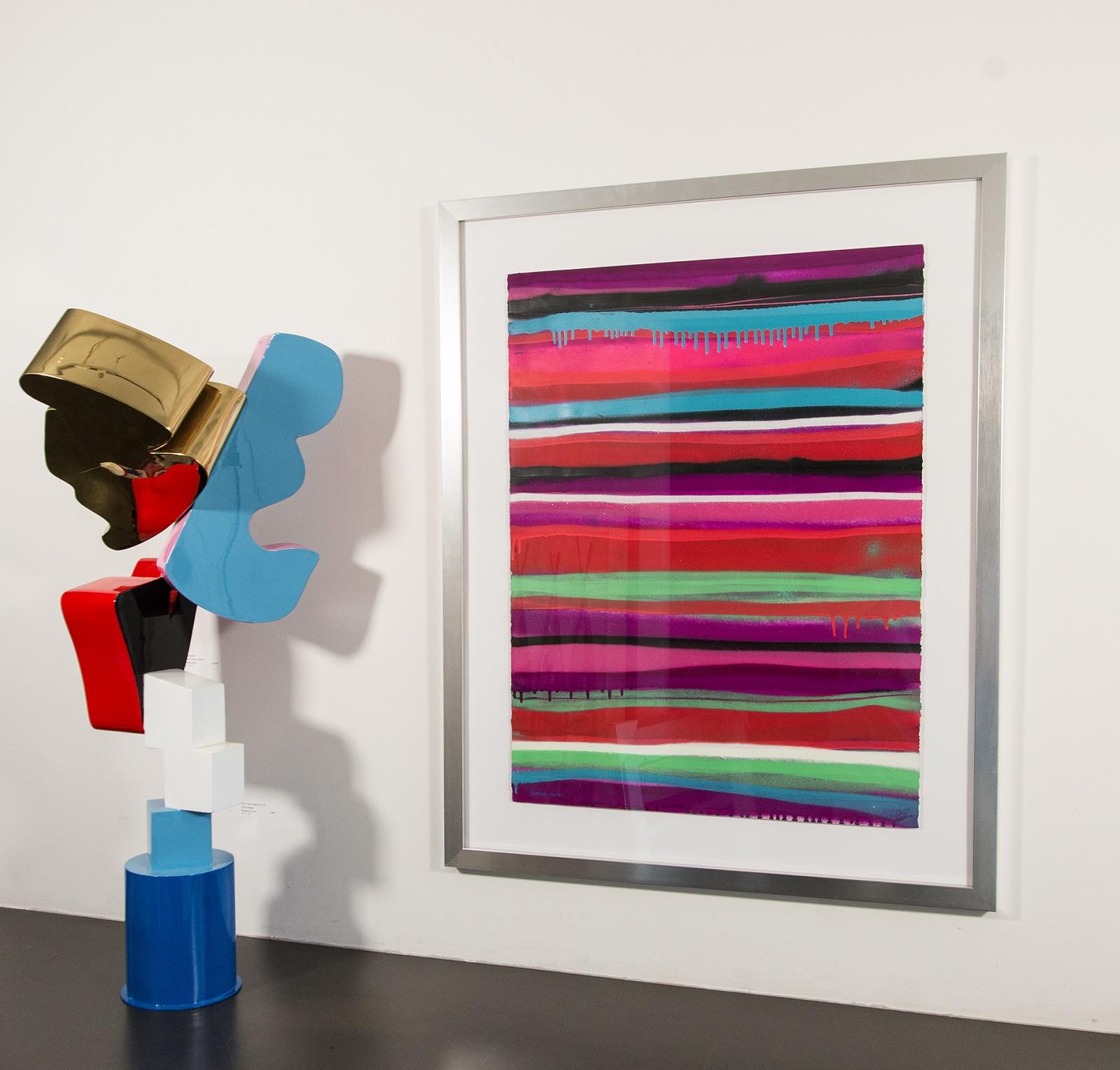 Like the stripes on a beach umbrella, fun, fresh rainbow colours are layered in contrasting ‘waves’ in this delightful pop art painting by Serbian-born artist, Viktor Mitic. This is one in a series of seaside-themed paintings that share the same