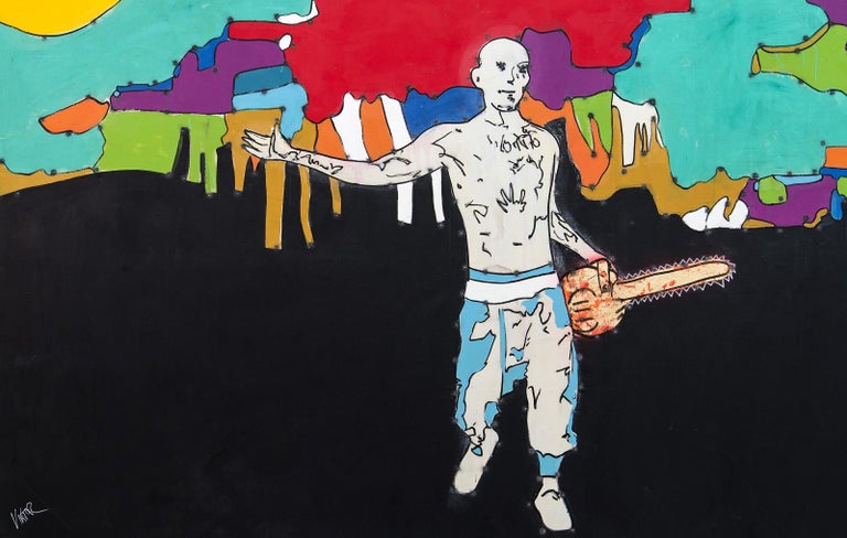 The painting is based on a real confrontation provoked by chainsaw wielding Proud Boys in a Toronto park. Strategically executed bullet holes pierce the canvas creating a tension between creation and destruction and ask the viewer to confront ideas