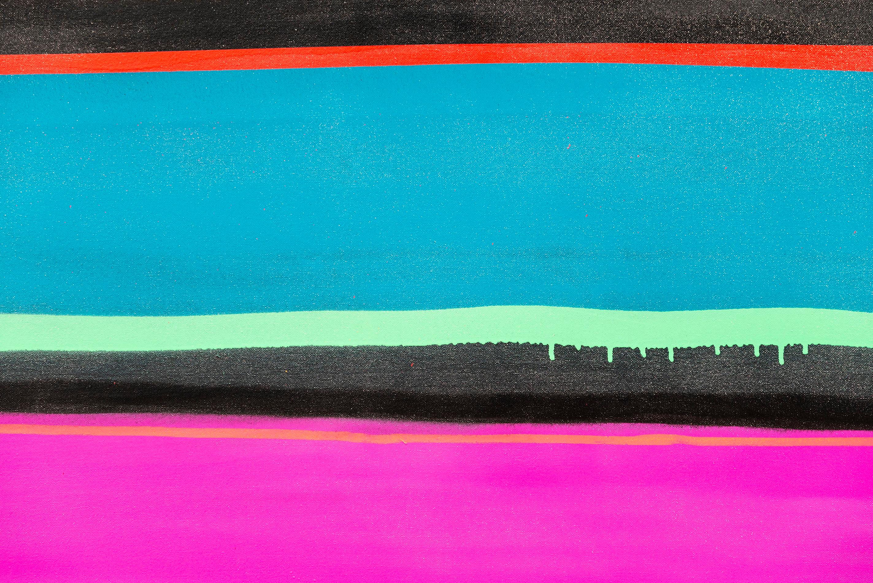 Olas de colores brillantes en un atrevido diseño gráfico crean una alegre composición en esta nueva pintura pop art de Viktor Mitic. La vívida paleta -rosa, morado, turquesa, verde, blanco y negro- se inspiró inicialmente en los patrones dinámicos