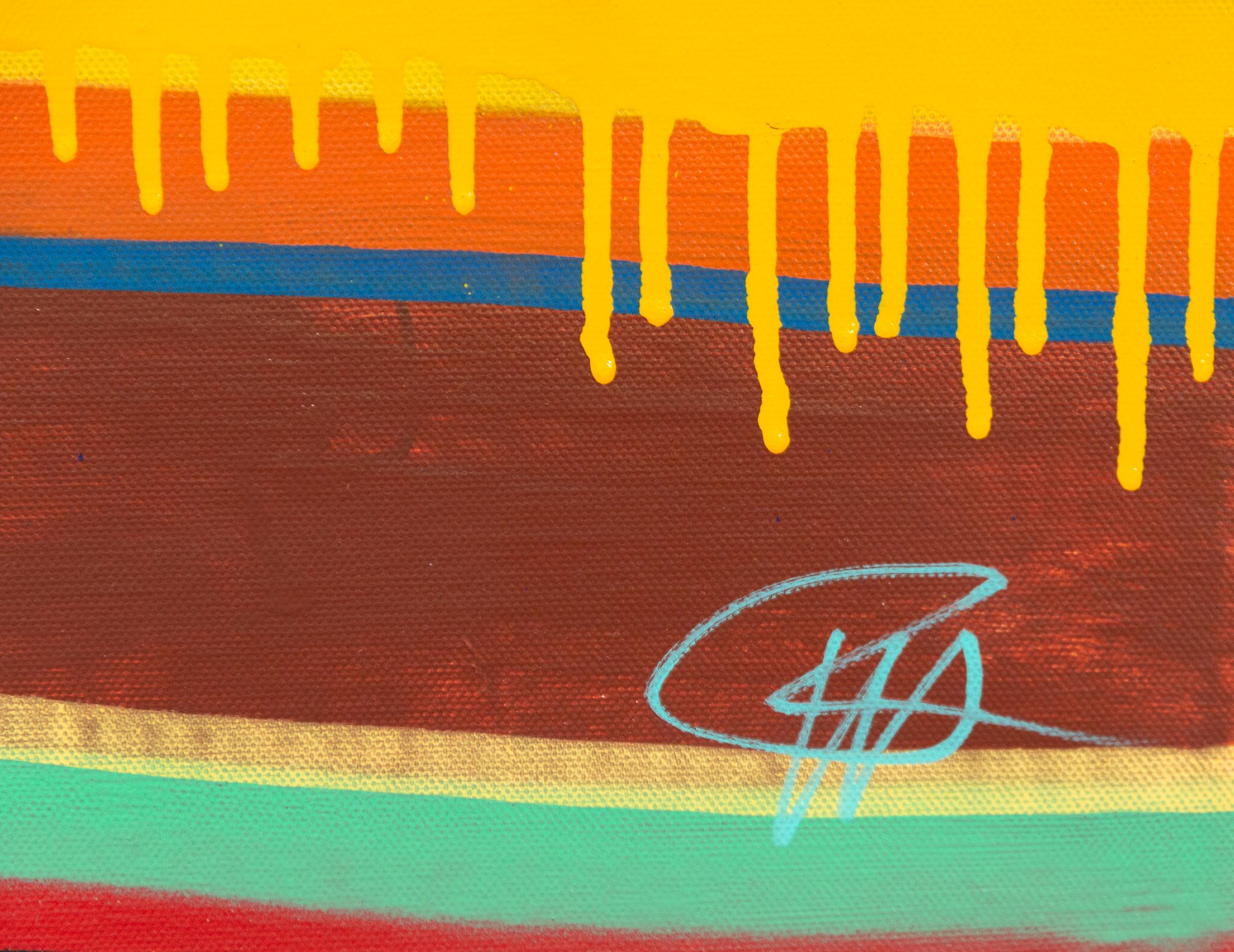 Farbe und dynamisches grafisches Design finden in diesem neuen abstrakten Gemälde von Viktor Mitic zusammen. Die Serie Southern Stripe erforscht die Kraft der Farbe, um positive Gefühle zu vermitteln. Jede Schicht des Musters ist in Goldgelb,