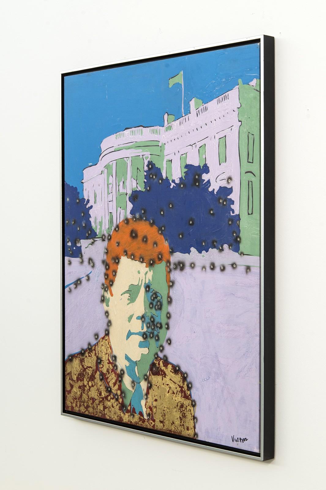 Whitehouse Kennedy - graphic pop-art, cultural America, gilded acrylic on canvas - Gold Abstract Painting by Viktor Mitic