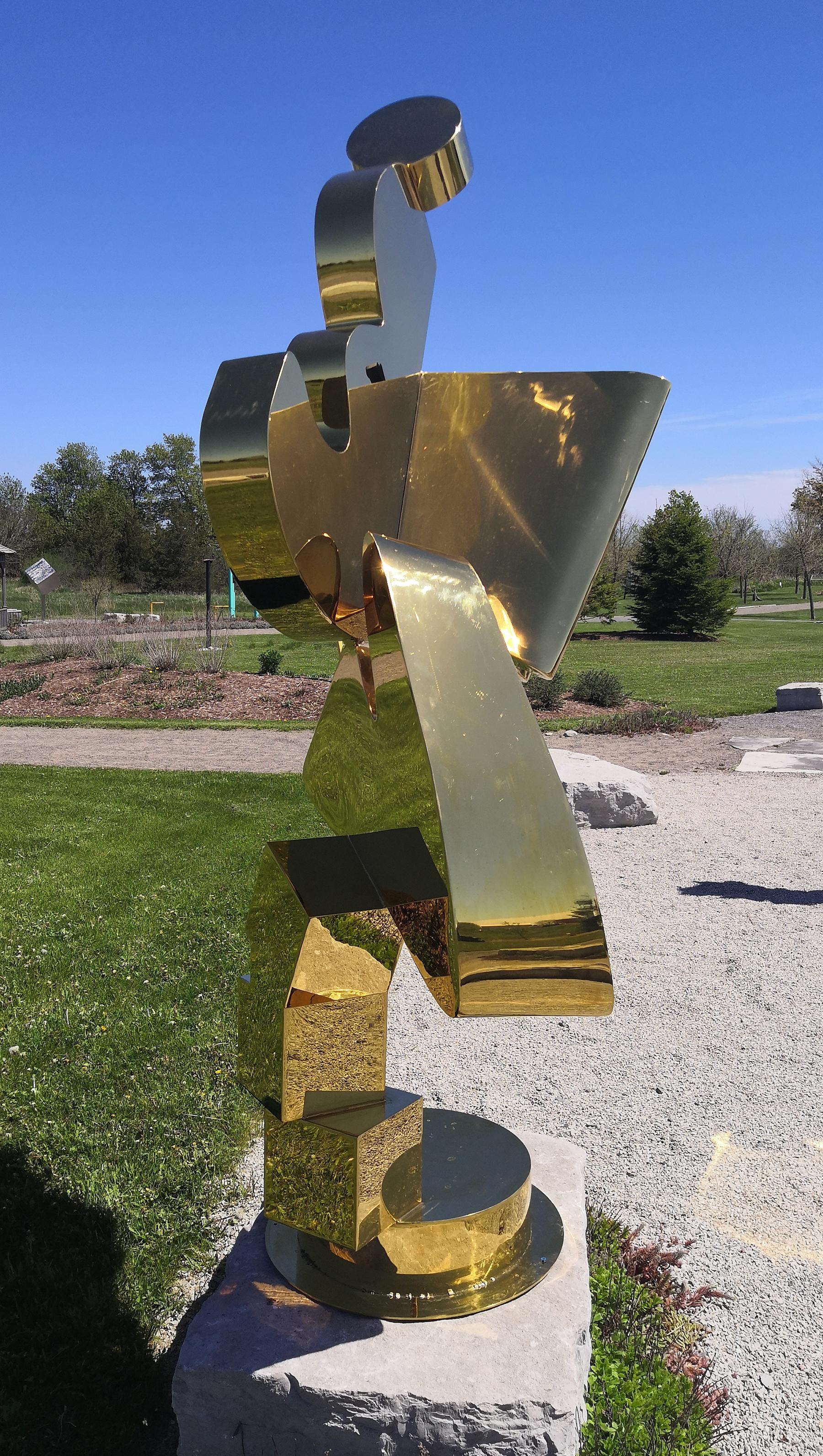 Celestial - tall, post-pop, abstract, gold plated steel, outdoor sculpture 3