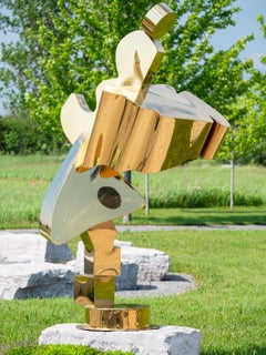 Celestial - tall, post-pop, abstract, gold plated steel, outdoor sculpture