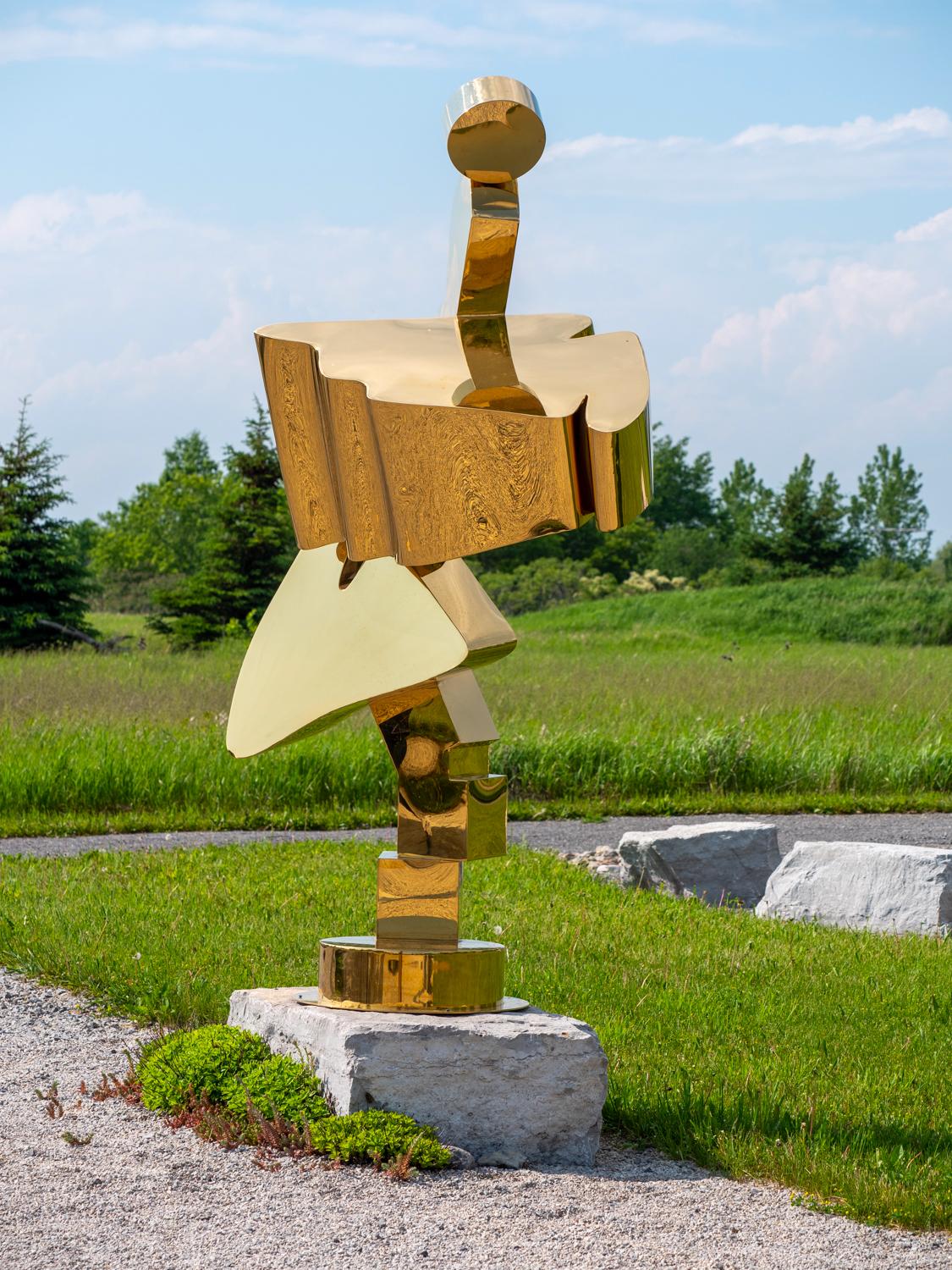 Celestial - tall, post-pop, abstract, gold plated steel, outdoor sculpture - Contemporary Sculpture by Viktor Mitic