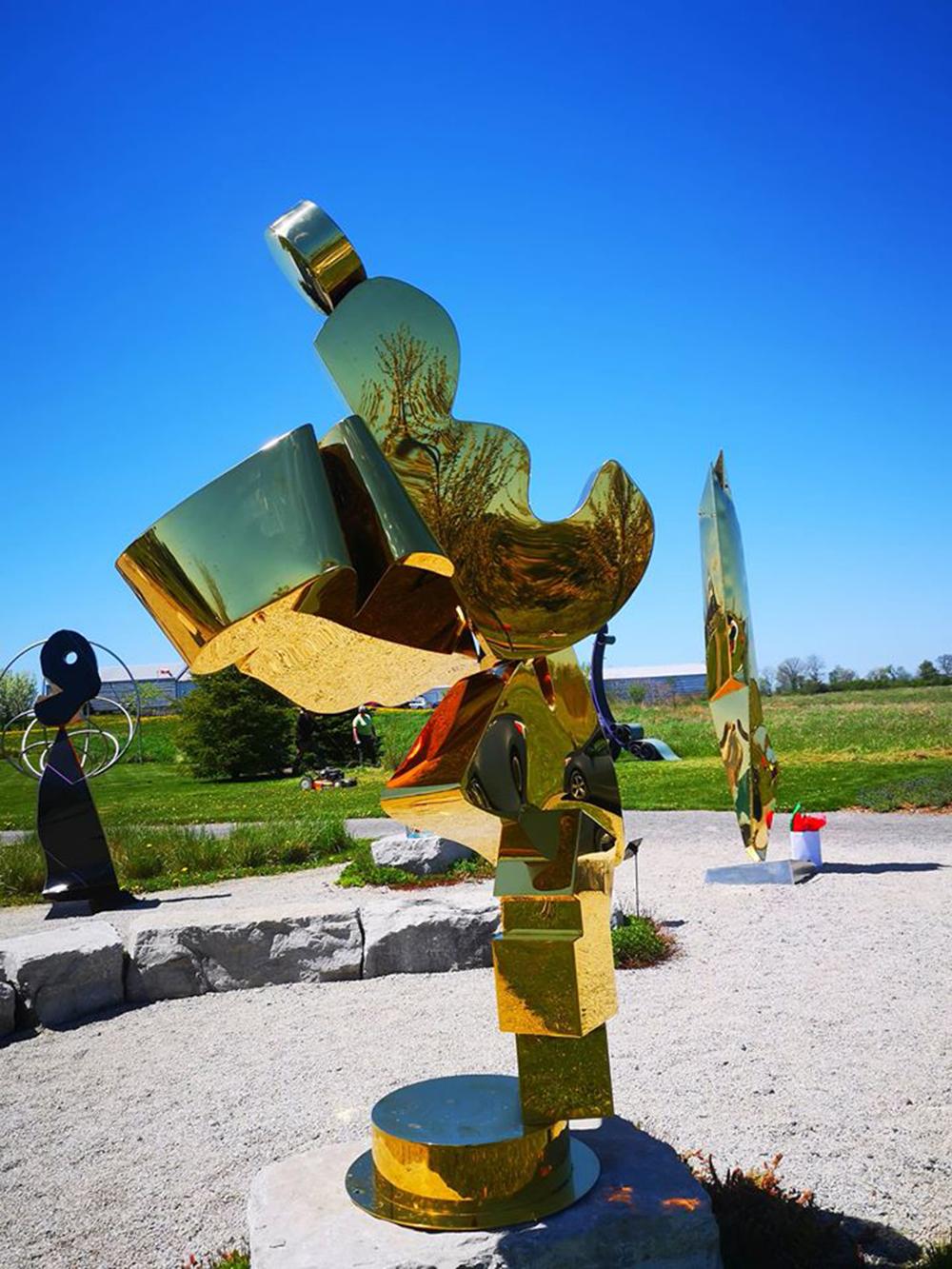 Celestial - tall, post-pop, abstract, gold plated steel, outdoor sculpture - Green Abstract Sculpture by Viktor Mitic