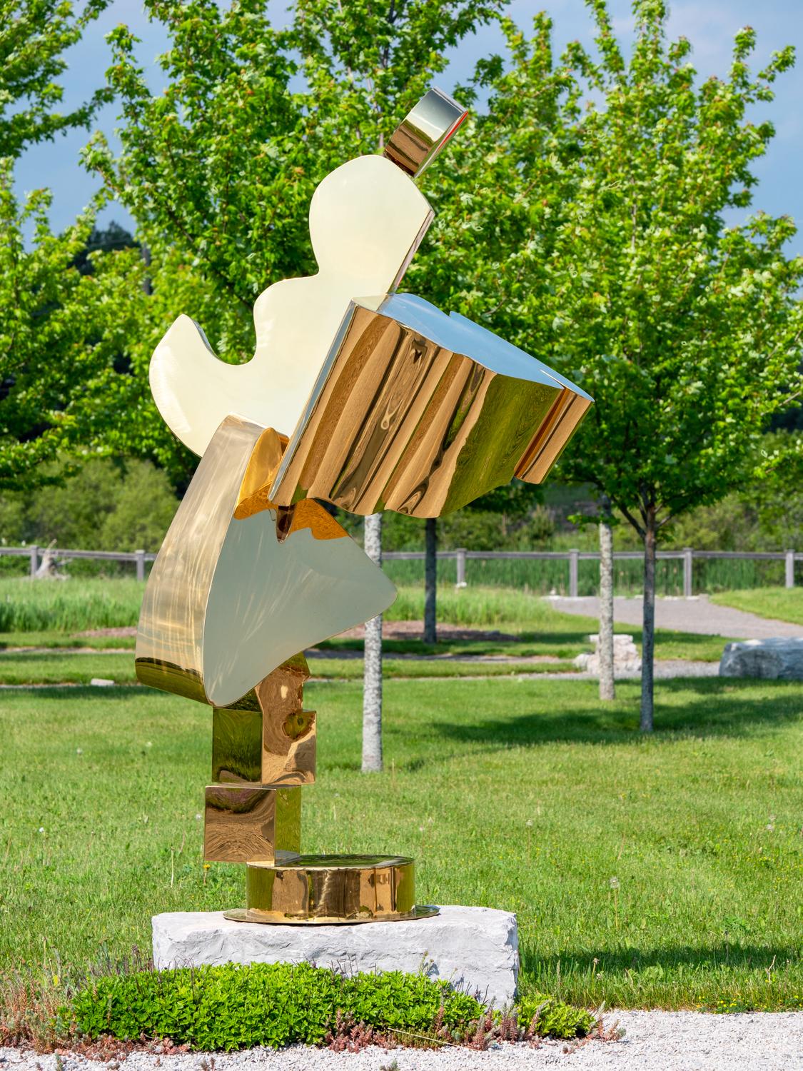 Viktor Mitic Abstract Sculpture - Celestial - tall, post-pop, abstract, gold plated steel, outdoor sculpture