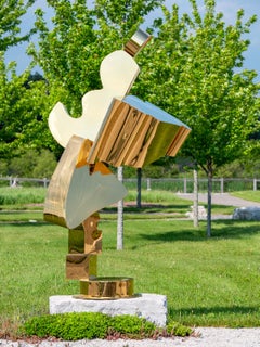 Celestial - tall, post-pop, abstract, gold plated steel, outdoor sculpture