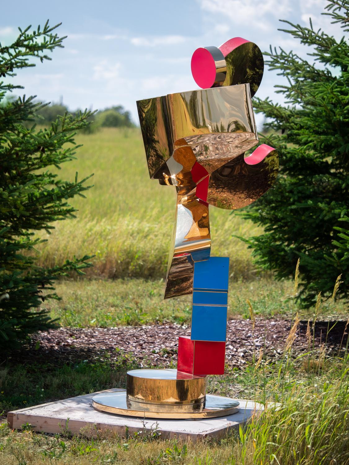 Constellation - tall, post-pop, abstract, gold plated steel, outdoor sculpture - Beige Abstract Sculpture by Viktor Mitic