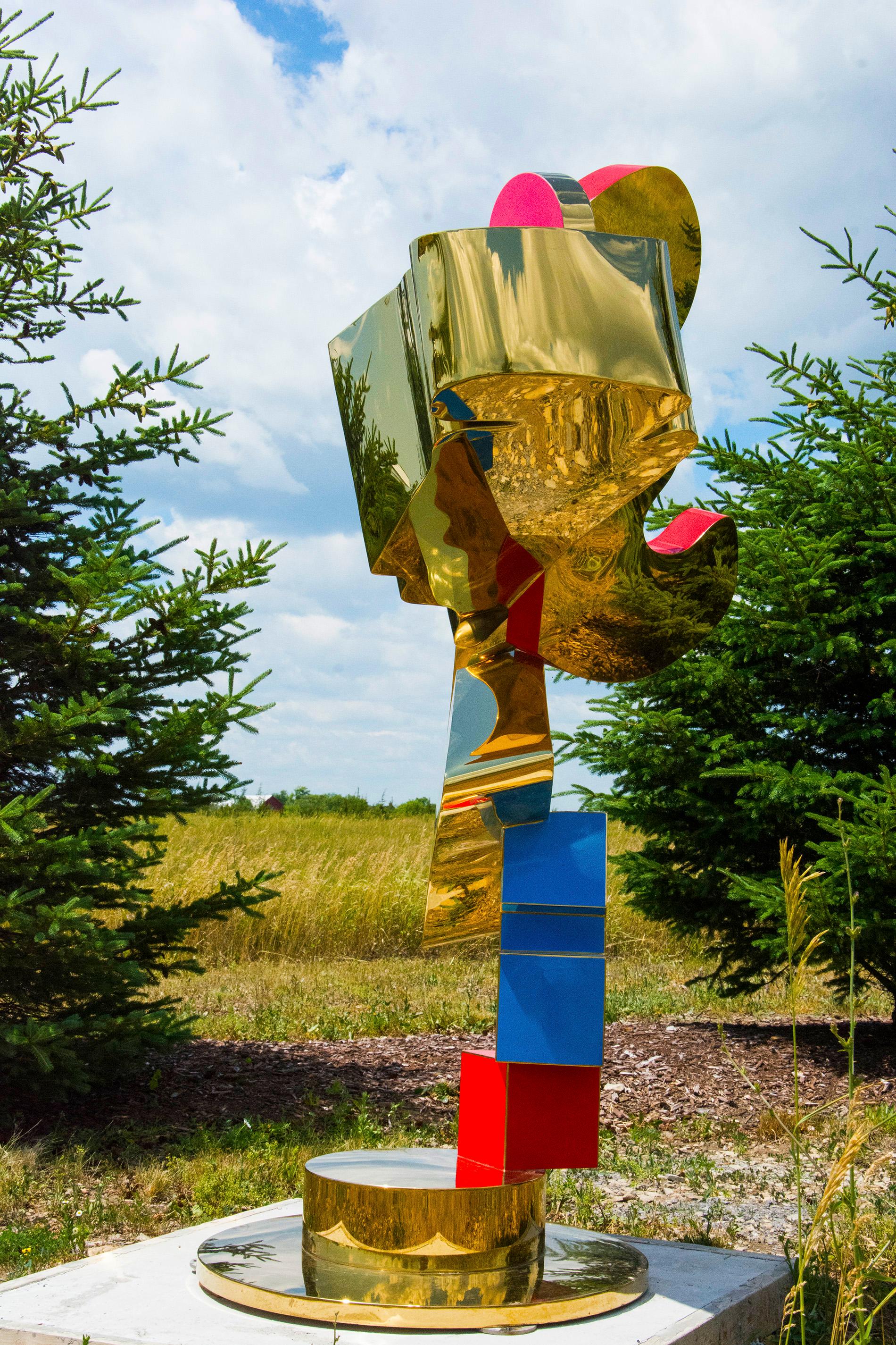 Constellation - tall, post-pop, abstract, gold plated steel, outdoor sculpture 1