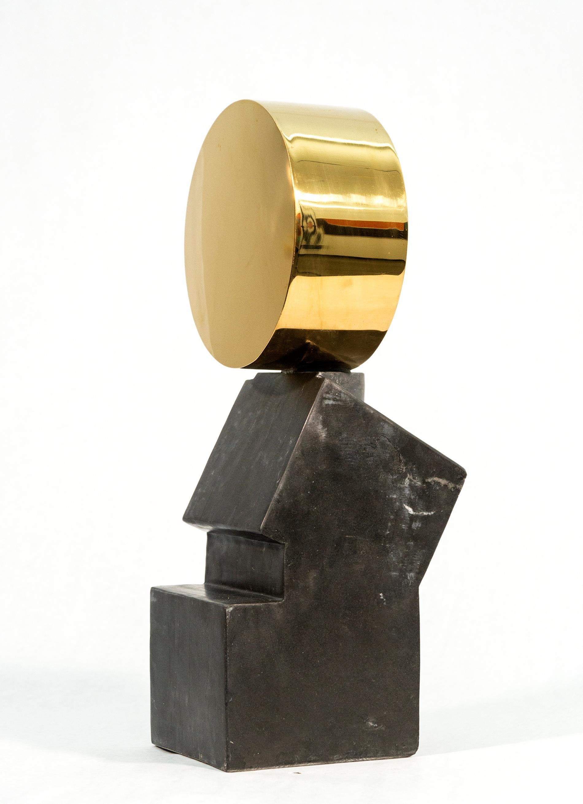 Gold Disc Marquina - contemporary, abstract, gold plated steel, marble sculpture