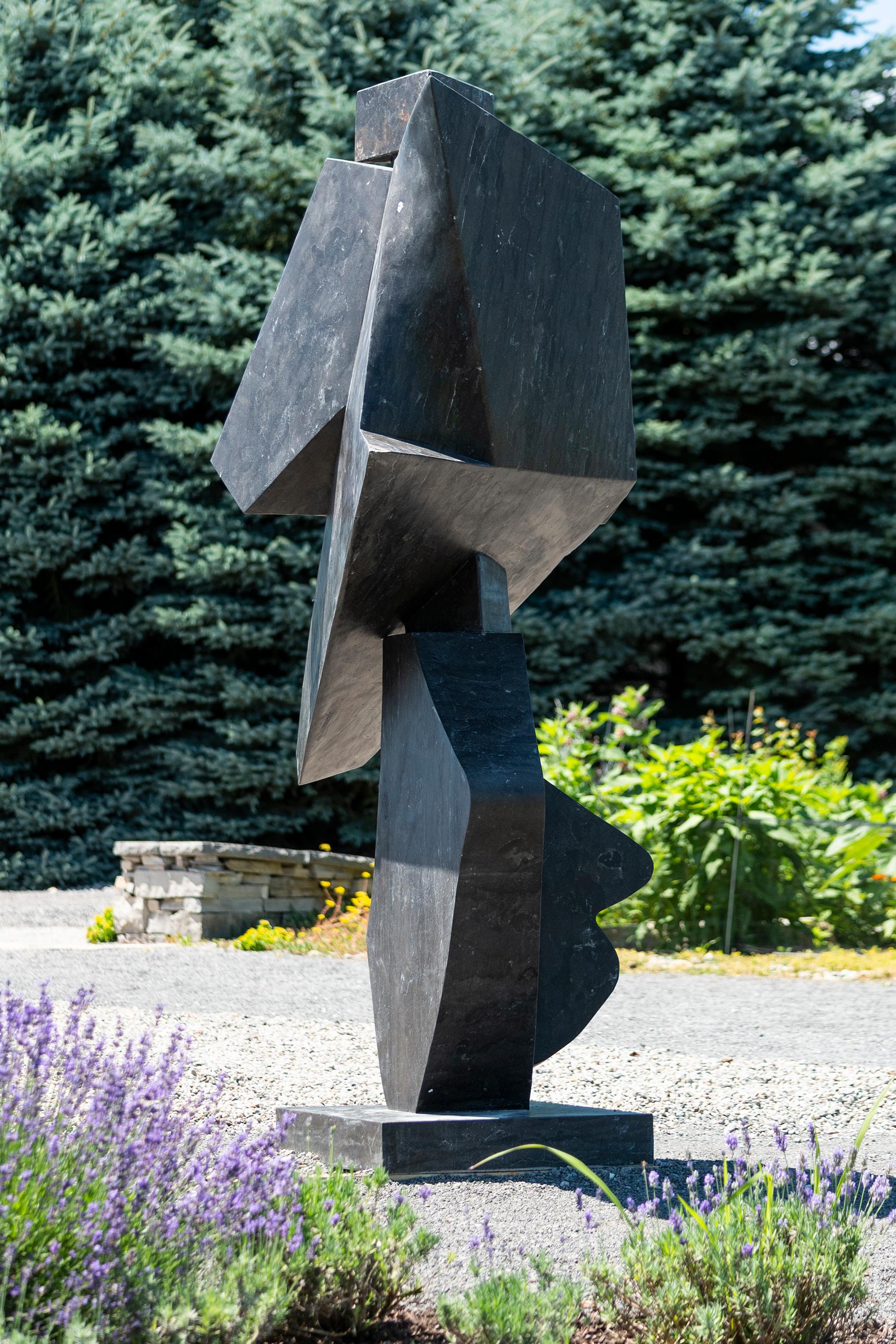 Questa imponente scultura contemporanea è stata scolpita a mano in marmo nero da Viktor Mitic. Molto apprezzato per il suo stile visivo unico, l'artista canadese predilige la forma astratta. Halcyon presenta le linee fluide e le forme fantasiose