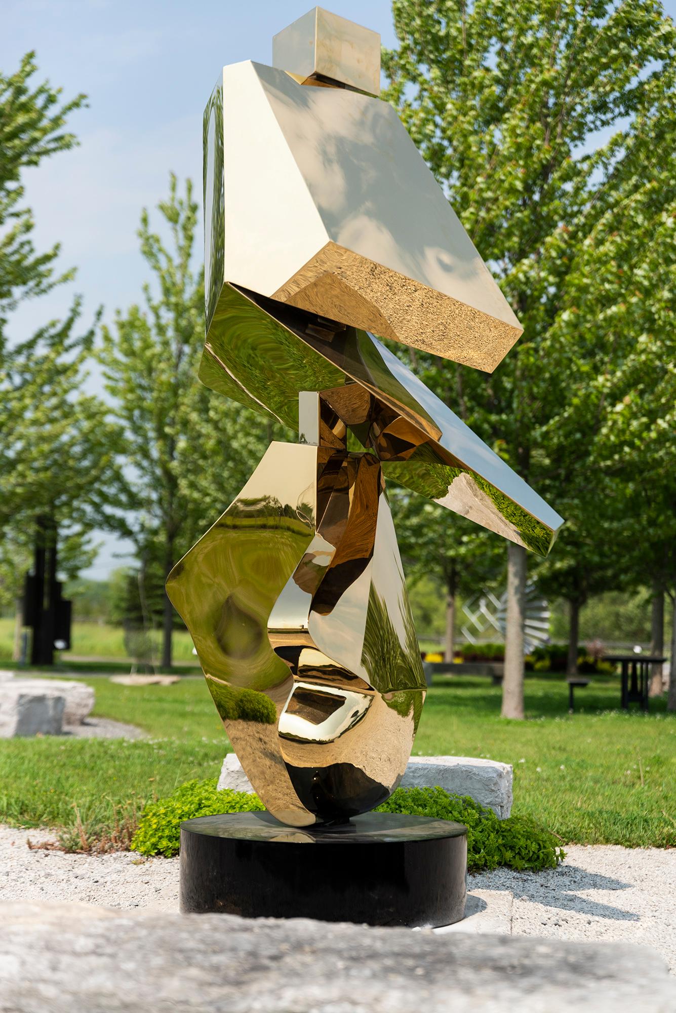 Halcyon Gold - contemporary, abstract, gold-plated, steel, outdoor sculpture - Sculpture by Viktor Mitic