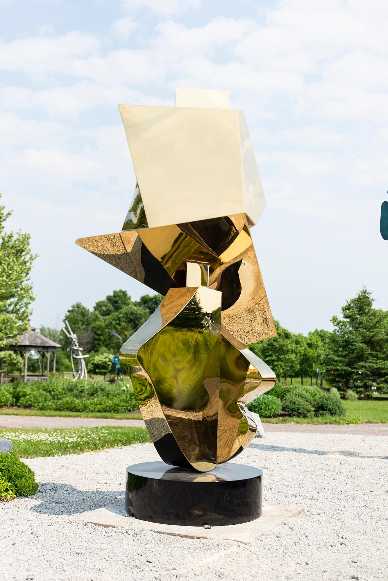 This contemporary abstract sculpture was created from stainless steel and painted gold.

This impressive monumental sculpture by Viktor Mitic was forged from stainless steel and painted with 24K gold. Highly regarded for his unique visual style, the