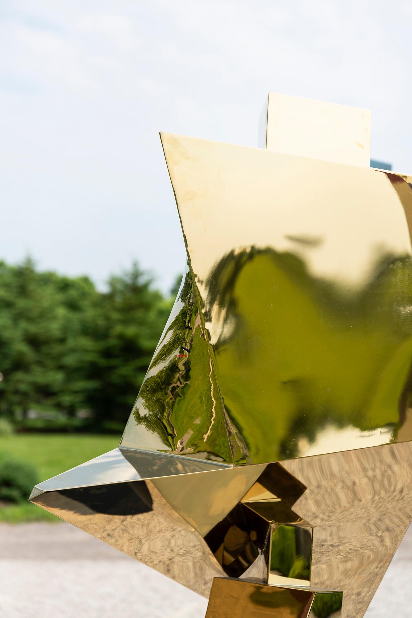 Halcyon Gold - contemporary, abstract, gold-plated, steel, outdoor sculpture For Sale 1