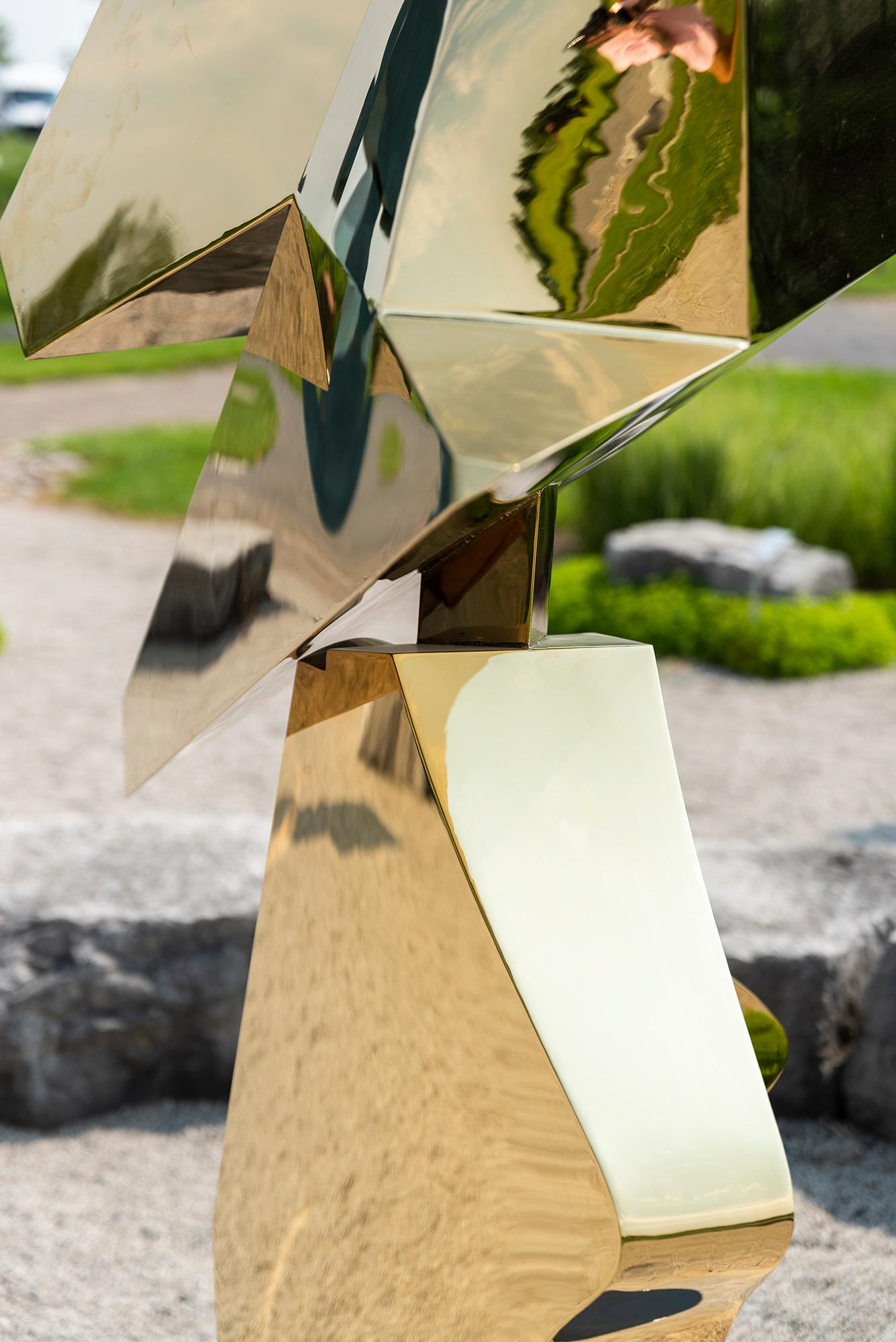 Halcyon Gold - contemporary, abstract, gold-plated, steel, outdoor sculpture For Sale 3