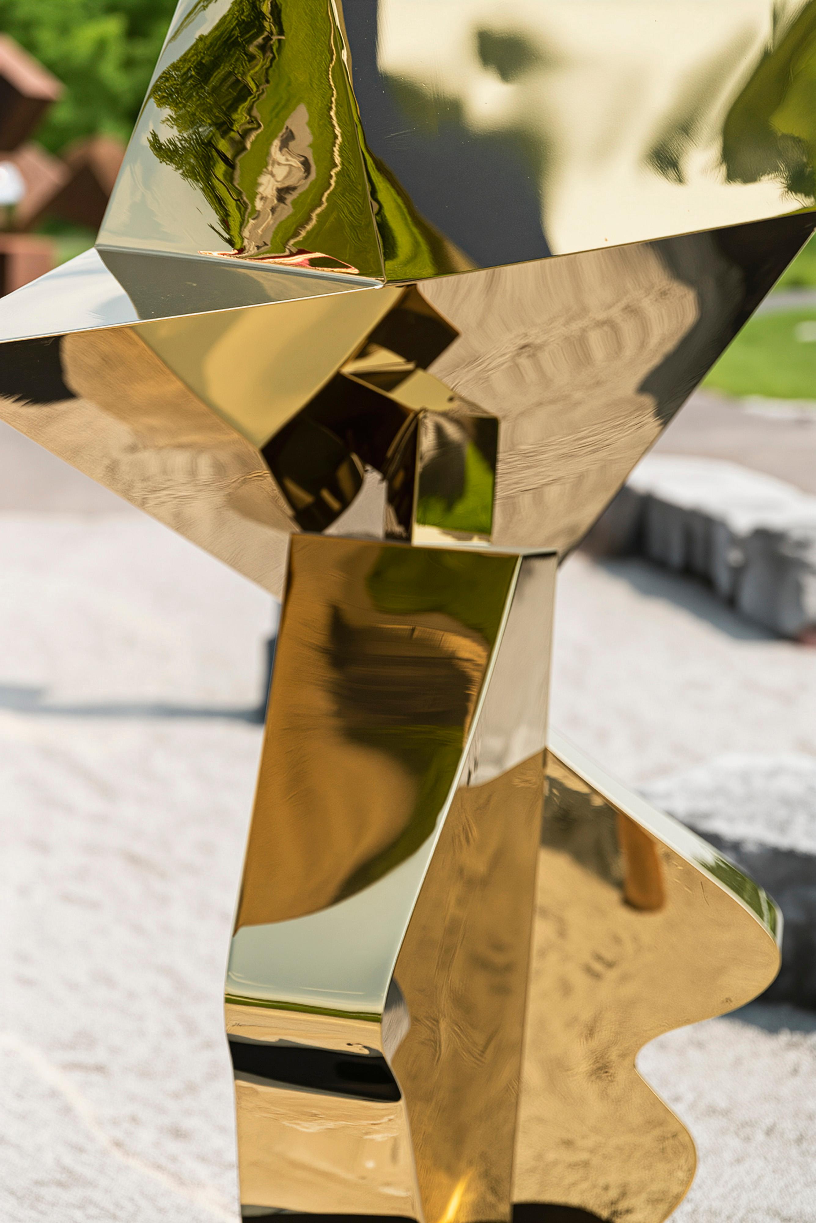 Halcyon Gold - scultura contemporanea, astratta, placcata in oro, in acciaio, da esterno in vendita 1