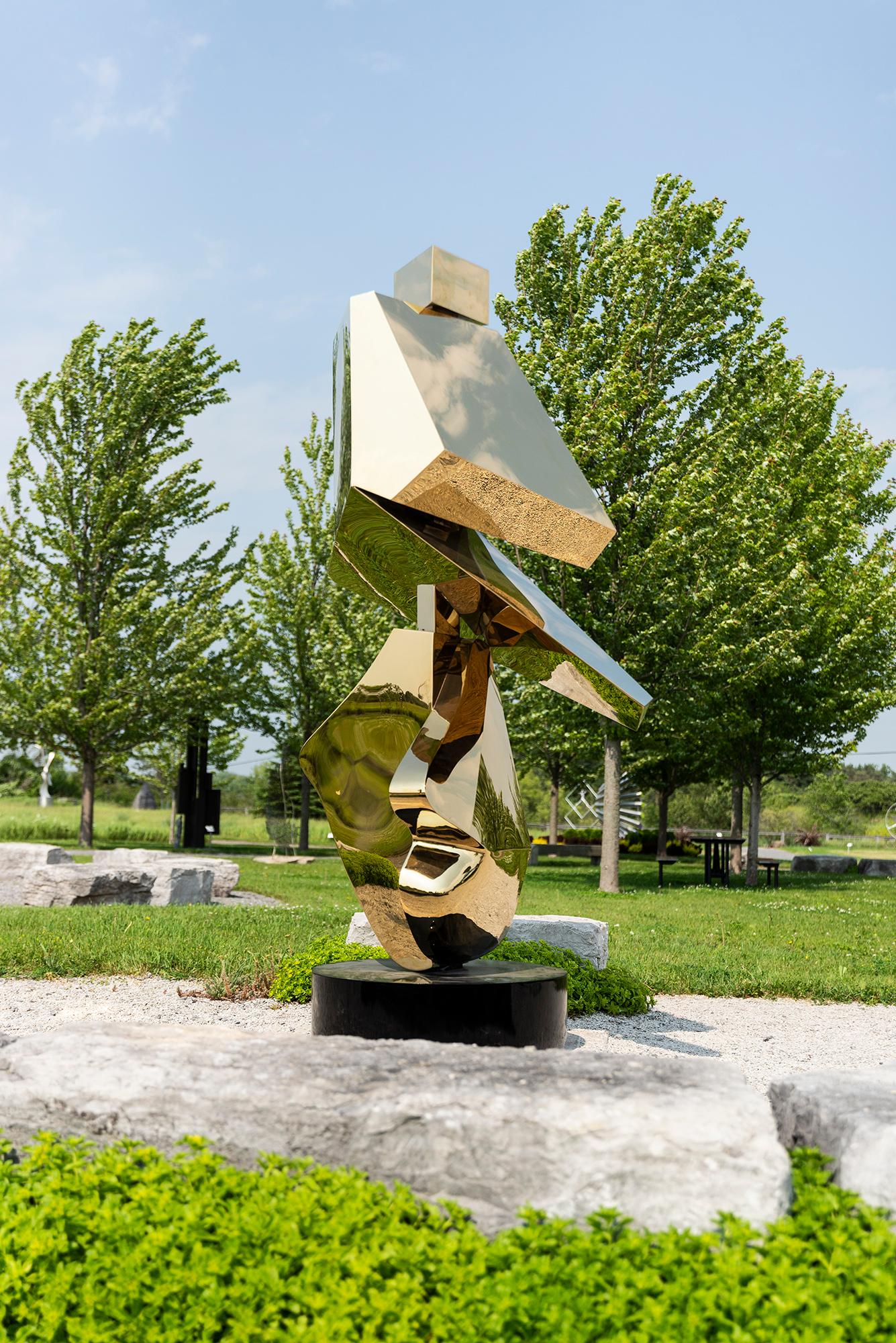 Viktor Mitic Abstract Sculpture - Halcyon Gold - contemporary, abstract, gold-plated, steel, outdoor sculpture