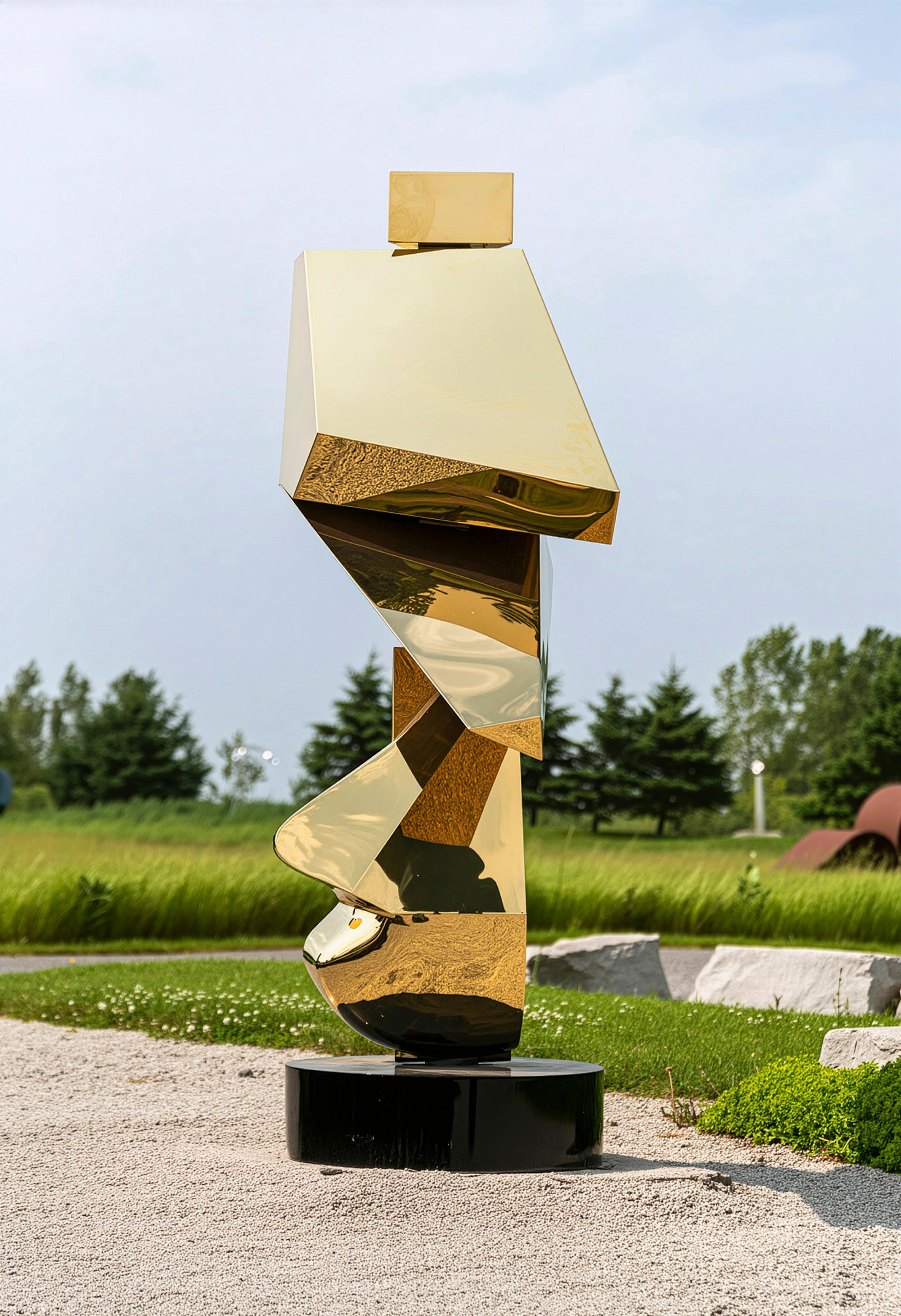 Abstract Sculpture di Viktor Mitic - Halcyon Gold - scultura contemporanea, astratta, placcata in oro, in acciaio, da esterno