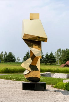Halcyon Gold - escultura contemporánea, abstracta, chapada en oro, de acero, para exteriores