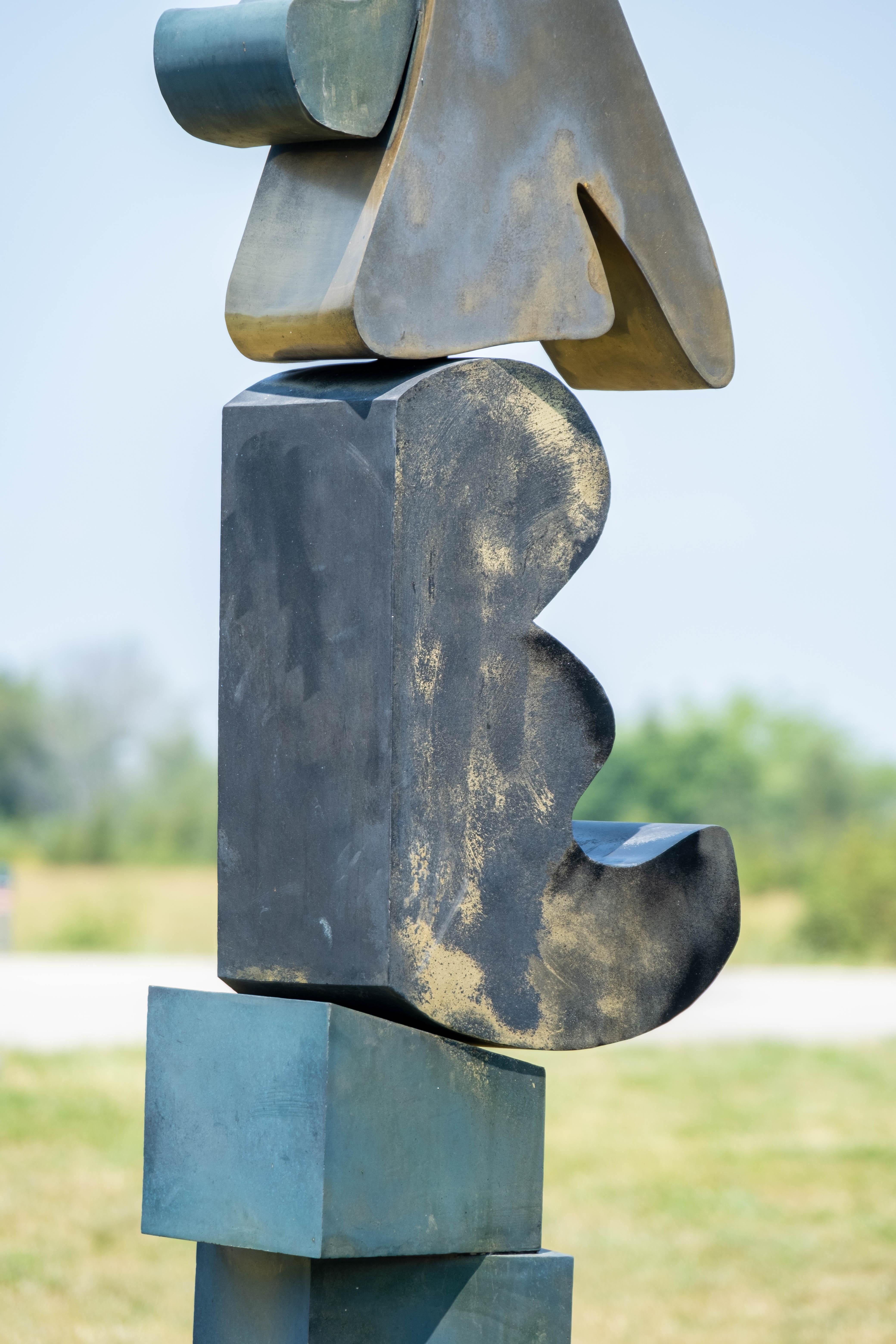 Viktor Mitic Heartland Green and Gold tall, abstract, totem, bronze