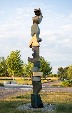 Heartland Green and Gold - tall, abstract, totem, bronze, outdoor sculpture