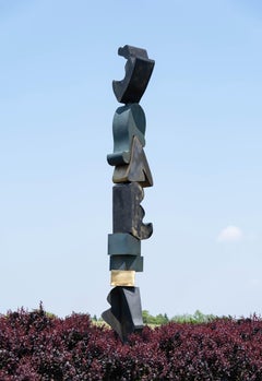 Heartland Green and Gold - tall, abstract, totem, bronze, outdoor sculpture