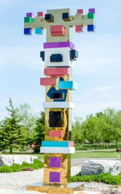 Minecraft Totem - tall, colorful, gold plated, stainless steel outdoor sculpture