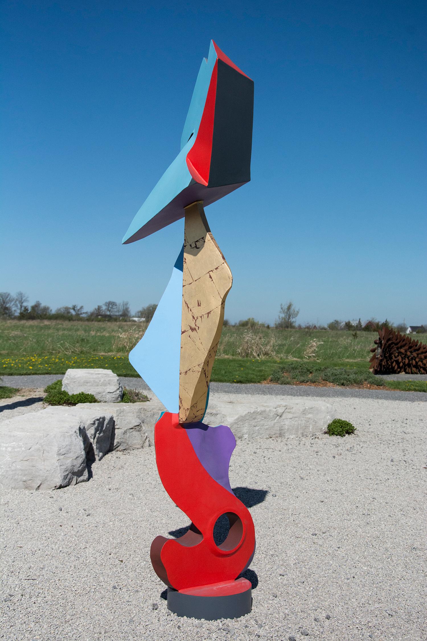 Viktor Mitic Abstract Sculpture - Red Gold - tall, colorful, gold plated, stainless steel outdoor sculpture