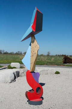 Sculpture d'extérieur haute, colorée, en acier inoxydable et plaqué or rouge