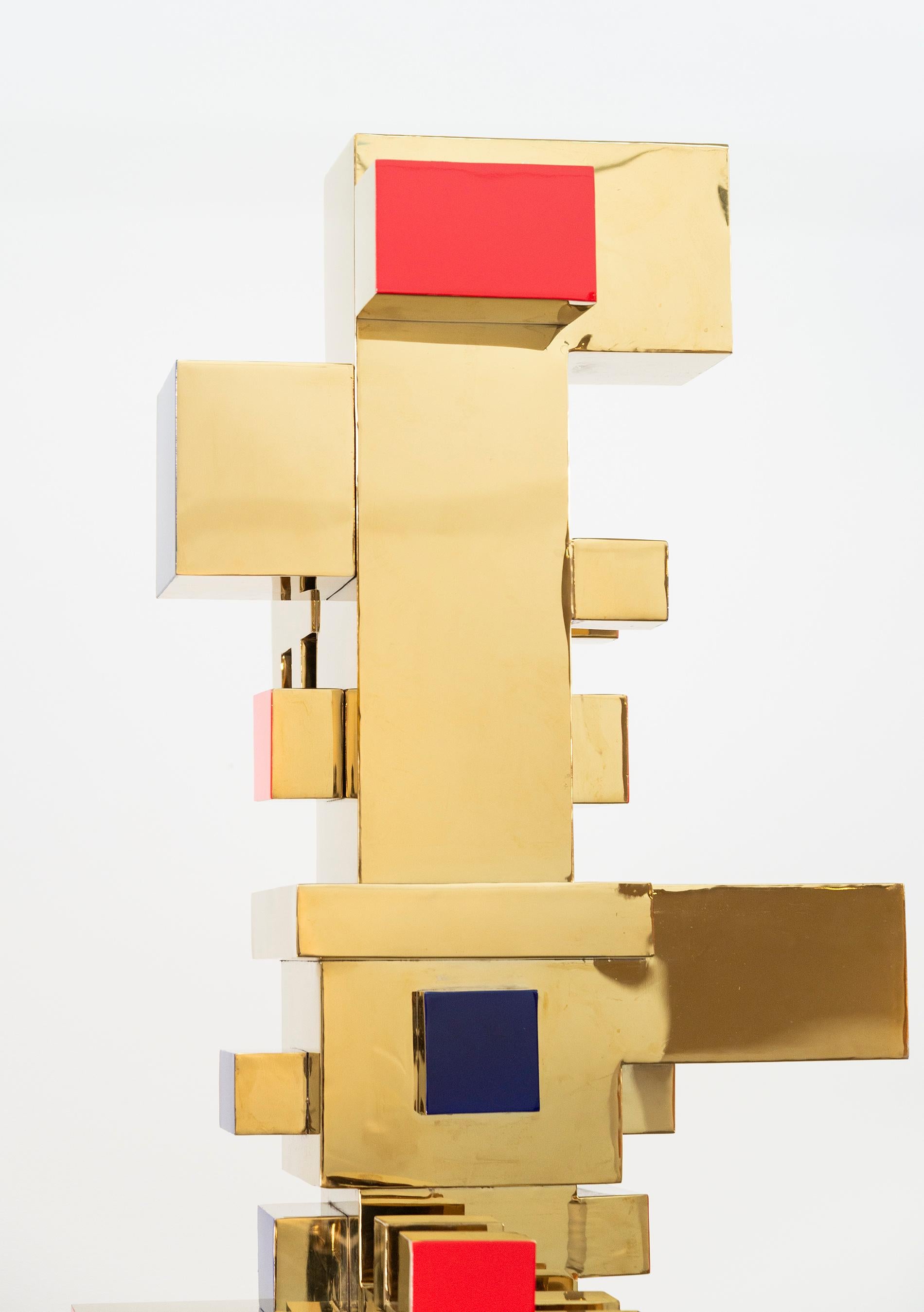 Stacked Blocks - Gold, Red, Blue - totem, gold plated, stainless steel sculpture For Sale 1