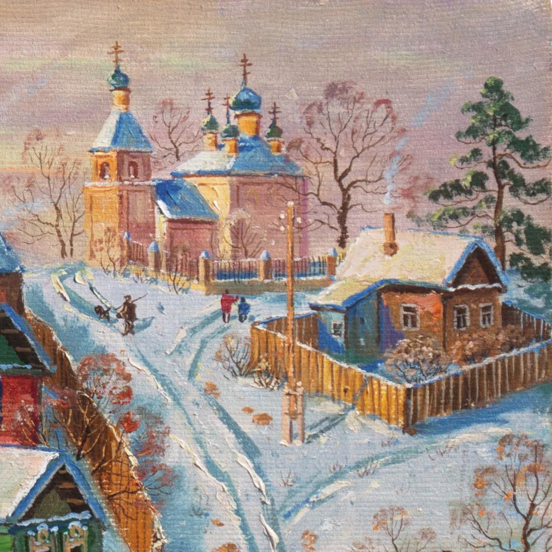 'Winter Village outside Moscow', Art and Graphics School, Lytkarinsky Museum  - Gray Landscape Painting by Viktor Nikolaevich Koryshev