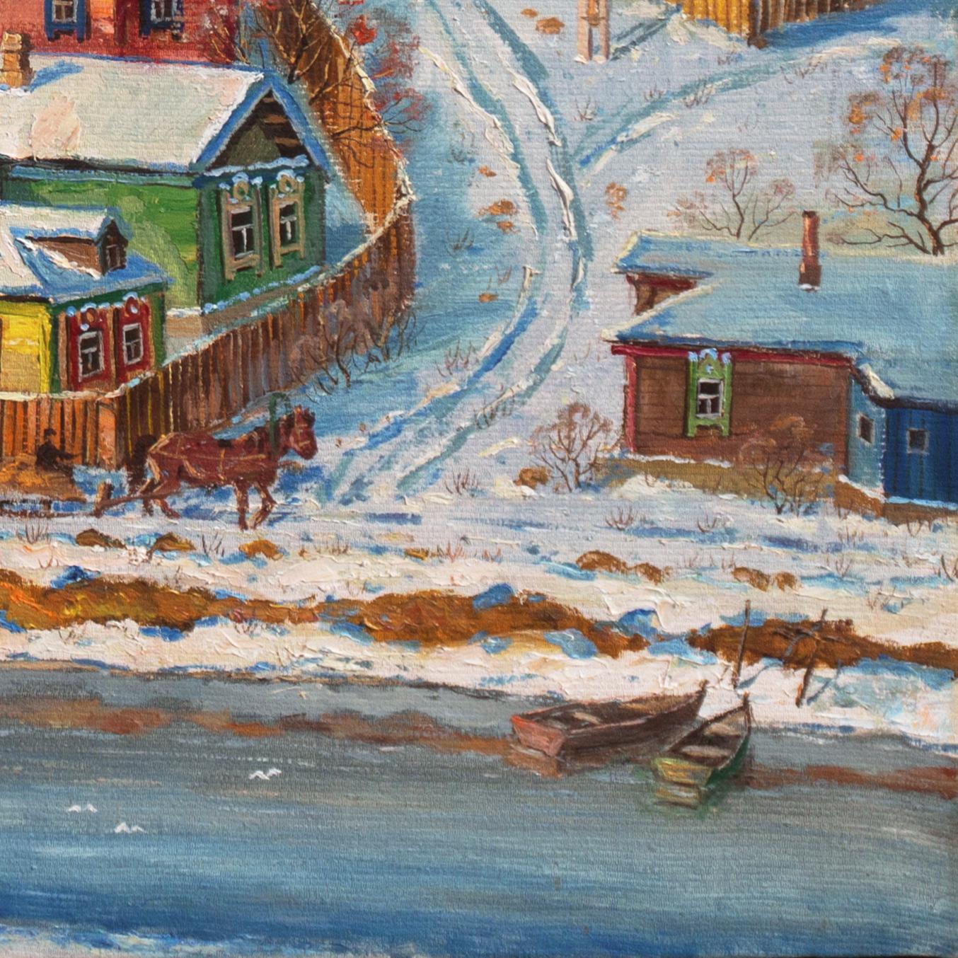 'Winter Village outside Moscow', Art and Graphics School, Lytkarinsky Museum  - Gray Landscape Painting by Viktor Nikolaevich Koryshev
