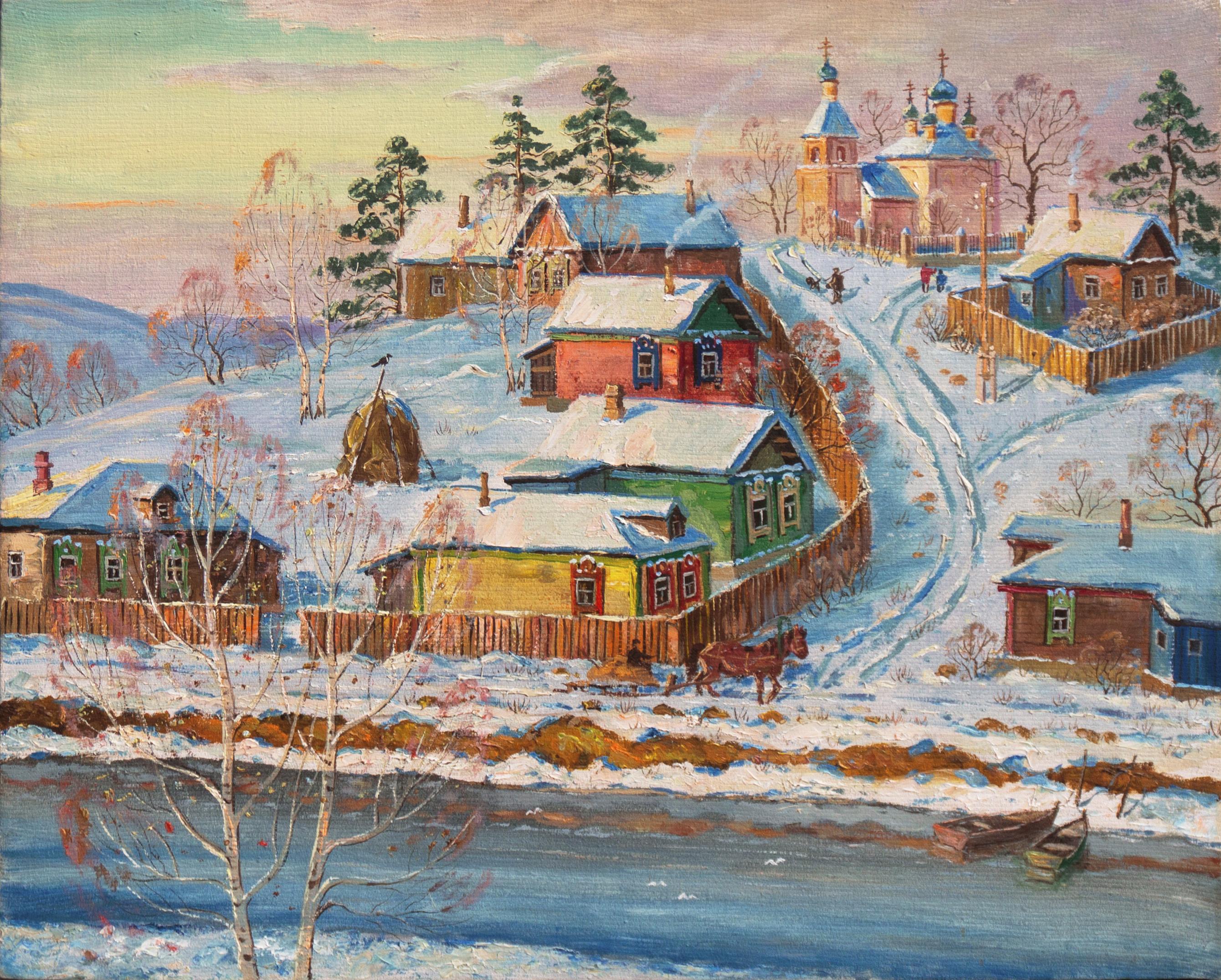 Viktor Nikolaevich Koryshev Landscape Painting - 'Winter Village outside Moscow', Art and Graphics School, Lytkarinsky Museum 