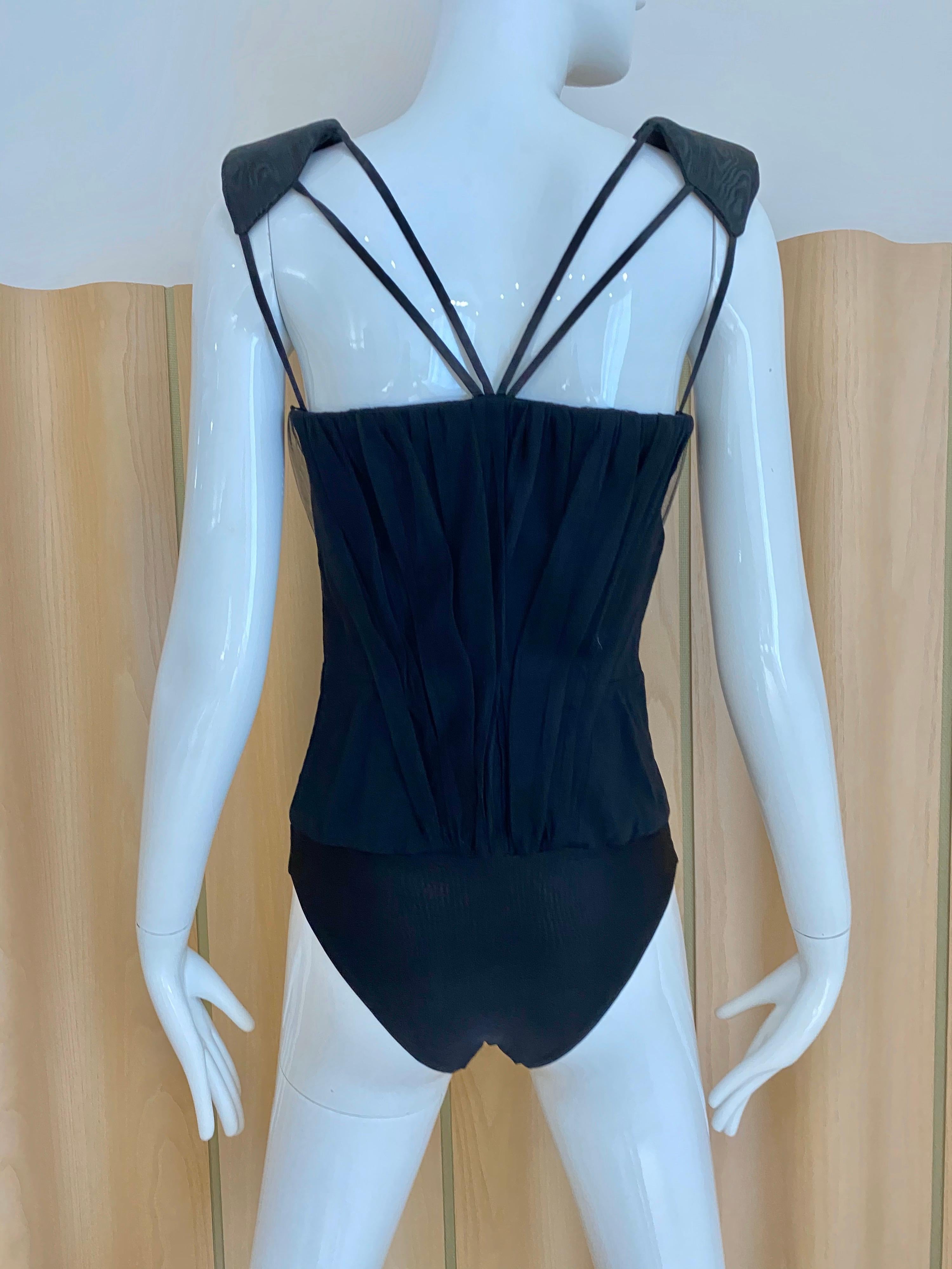 Viktor Rolf Black Bodysuit with shoulder pads In Excellent Condition For Sale In Beverly Hills, CA
