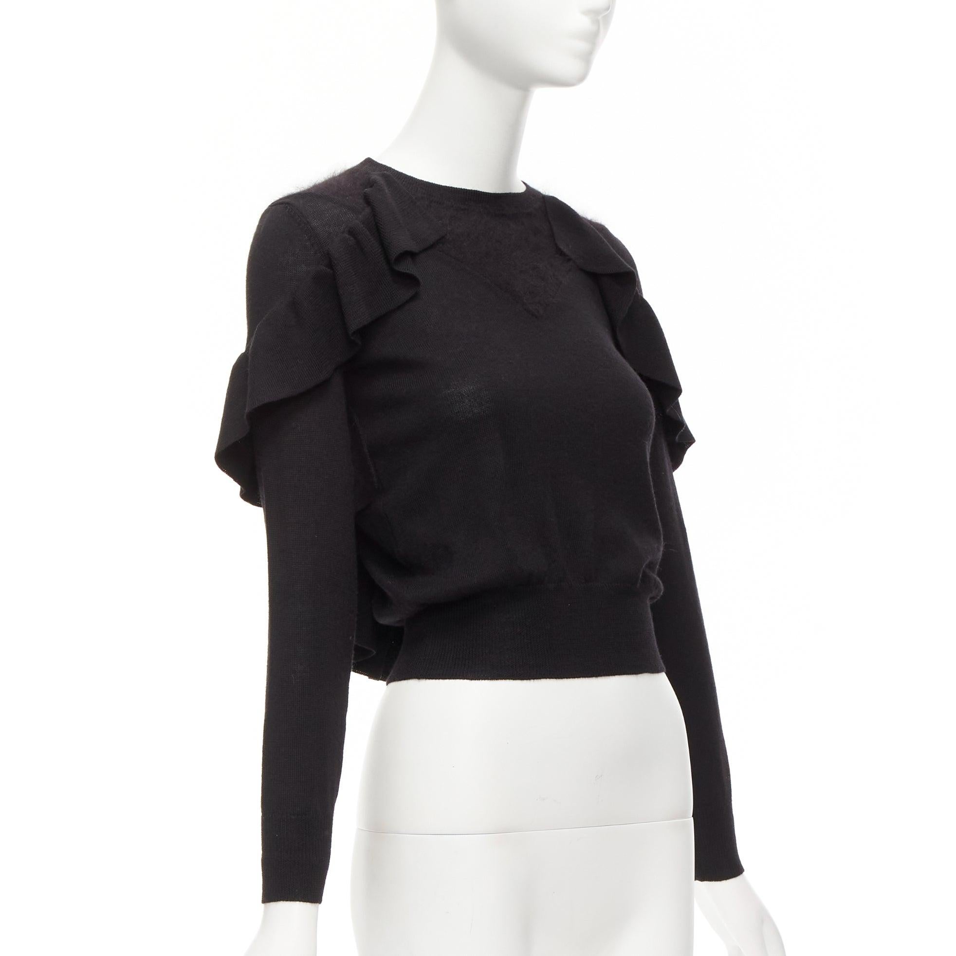 VIKTOR & ROLF black virgin wool silk cashmere sides ruffle cropped sweater XS In Excellent Condition For Sale In Hong Kong, NT