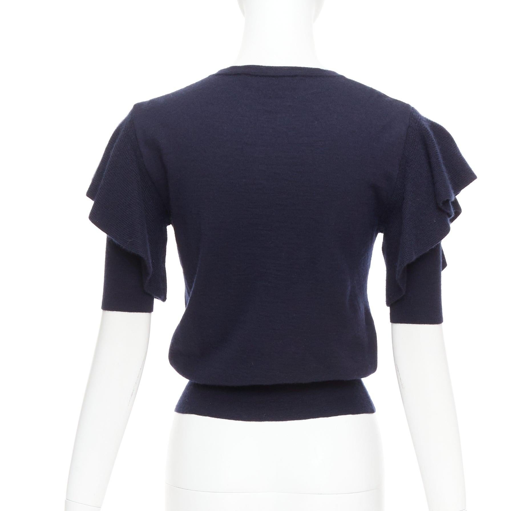 VIKTOR & ROLF jersey de punto con mangas de volantes de seda y cachemira azul marino S en venta 2