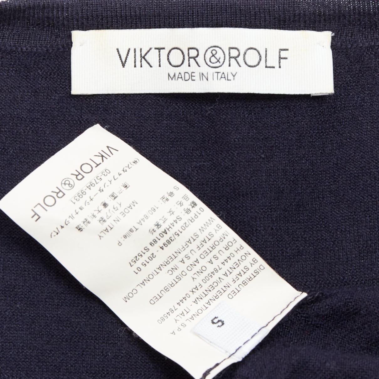 VIKTOR & ROLF jersey de punto con mangas de volantes de seda y cachemira azul marino S en venta 4