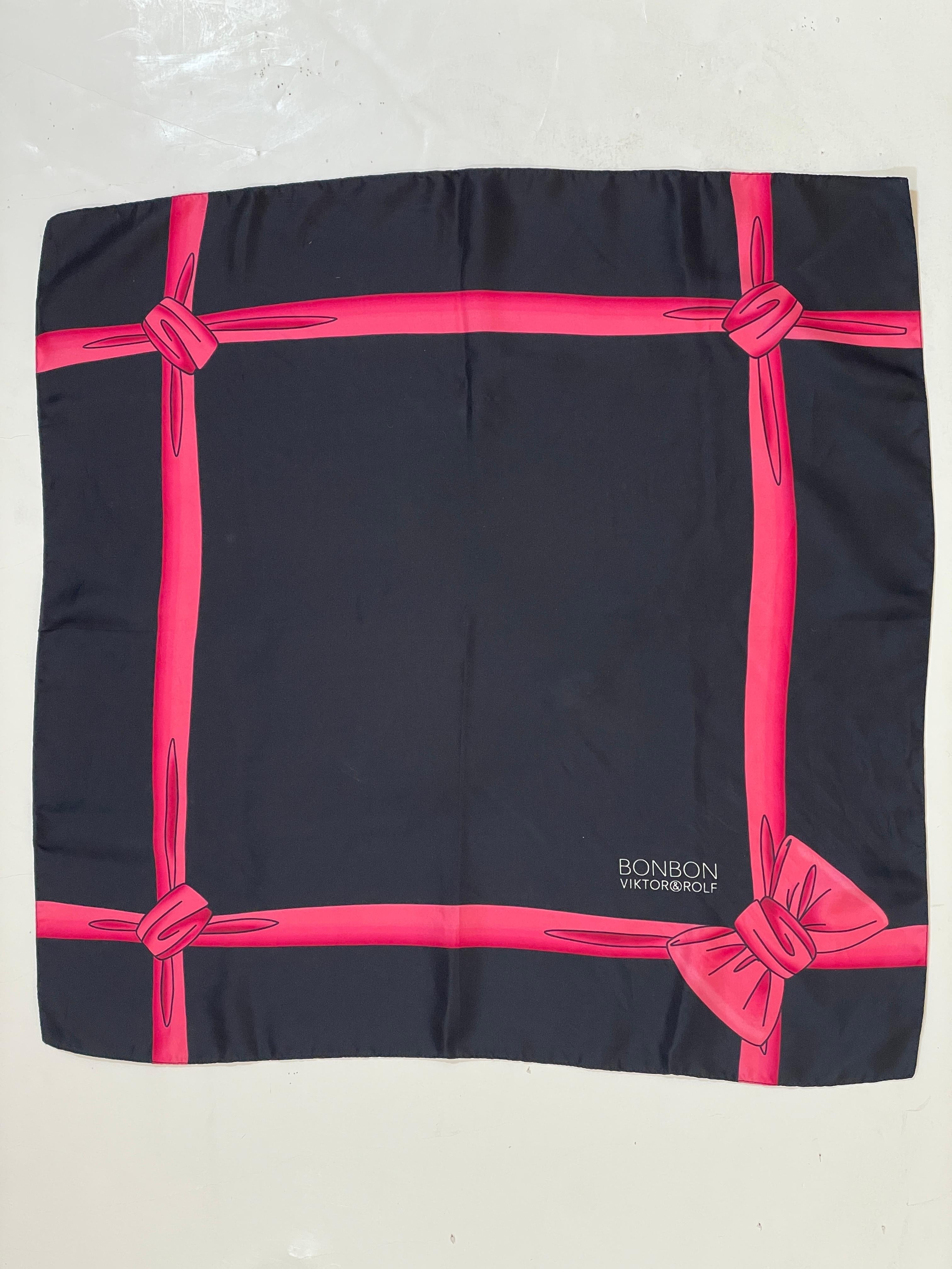 Women's or Men's Viktor & Rolf Silk Square Scarf Bonbon Black with Pink Ribbon For Sale