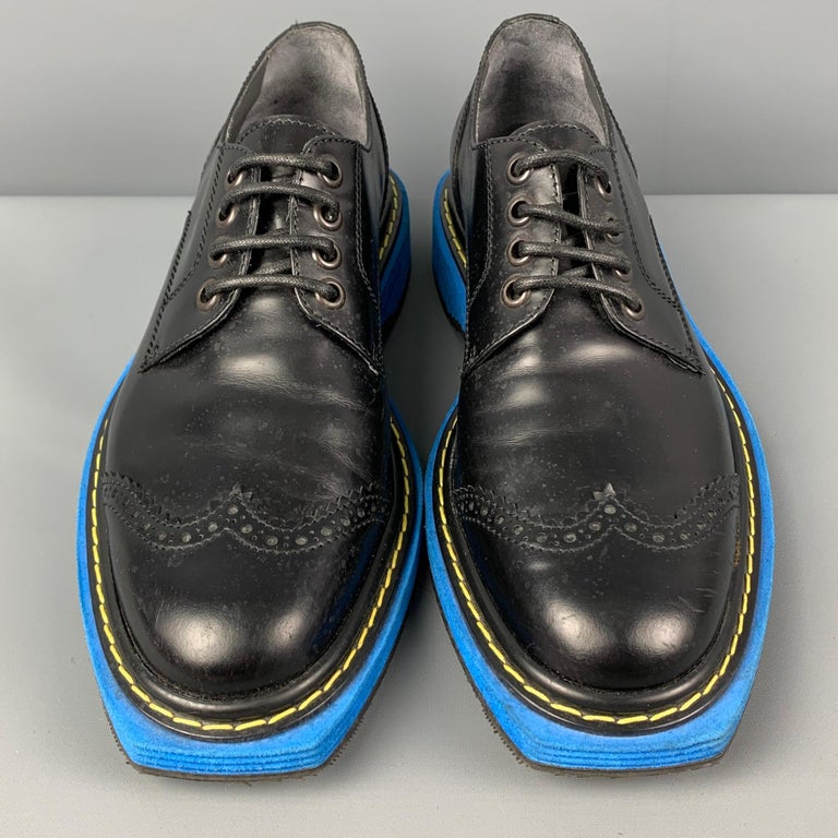 Men's VIKTOR & ROLF Size 10 Black Blue Perforated Leather Wingtip Lace Up Shoes For Sale